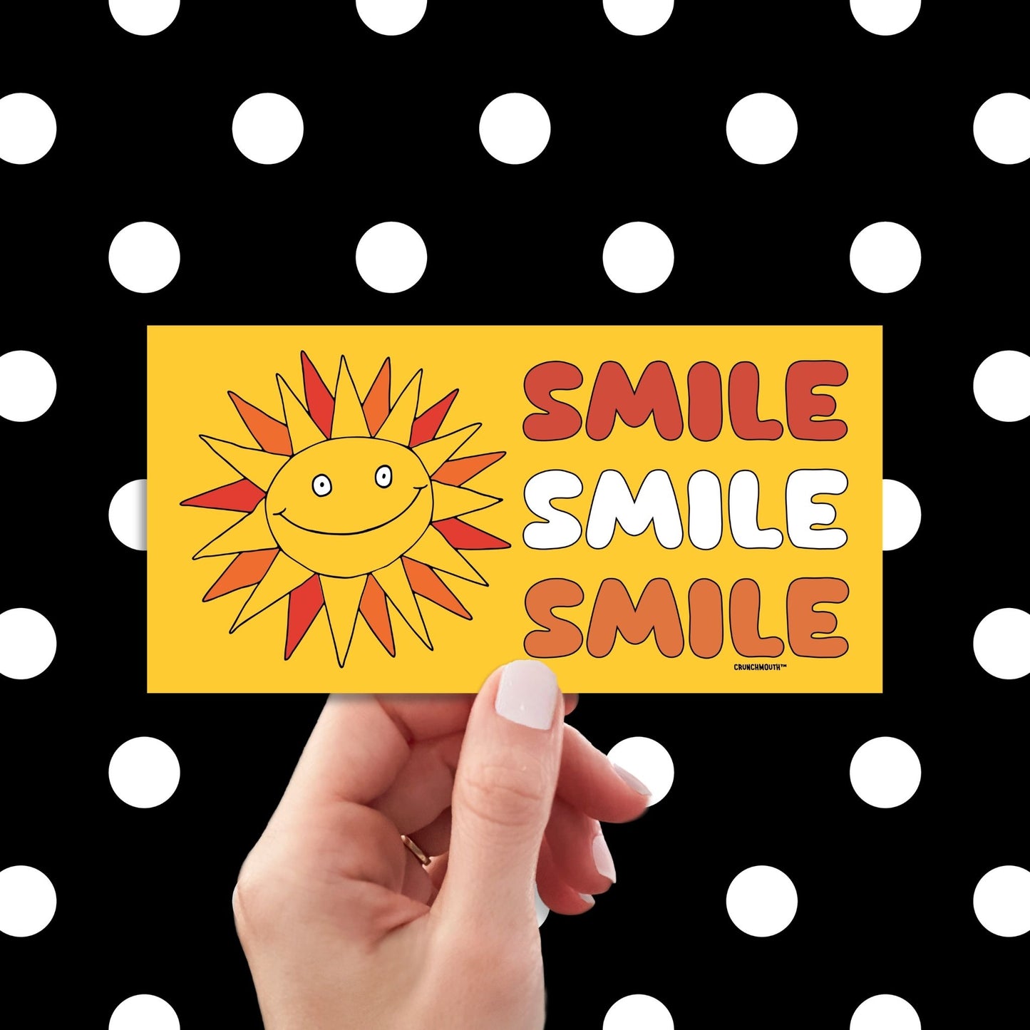 smile smile smile bumper sticker, very bad intentions, hand display, polka dots pattern design background
