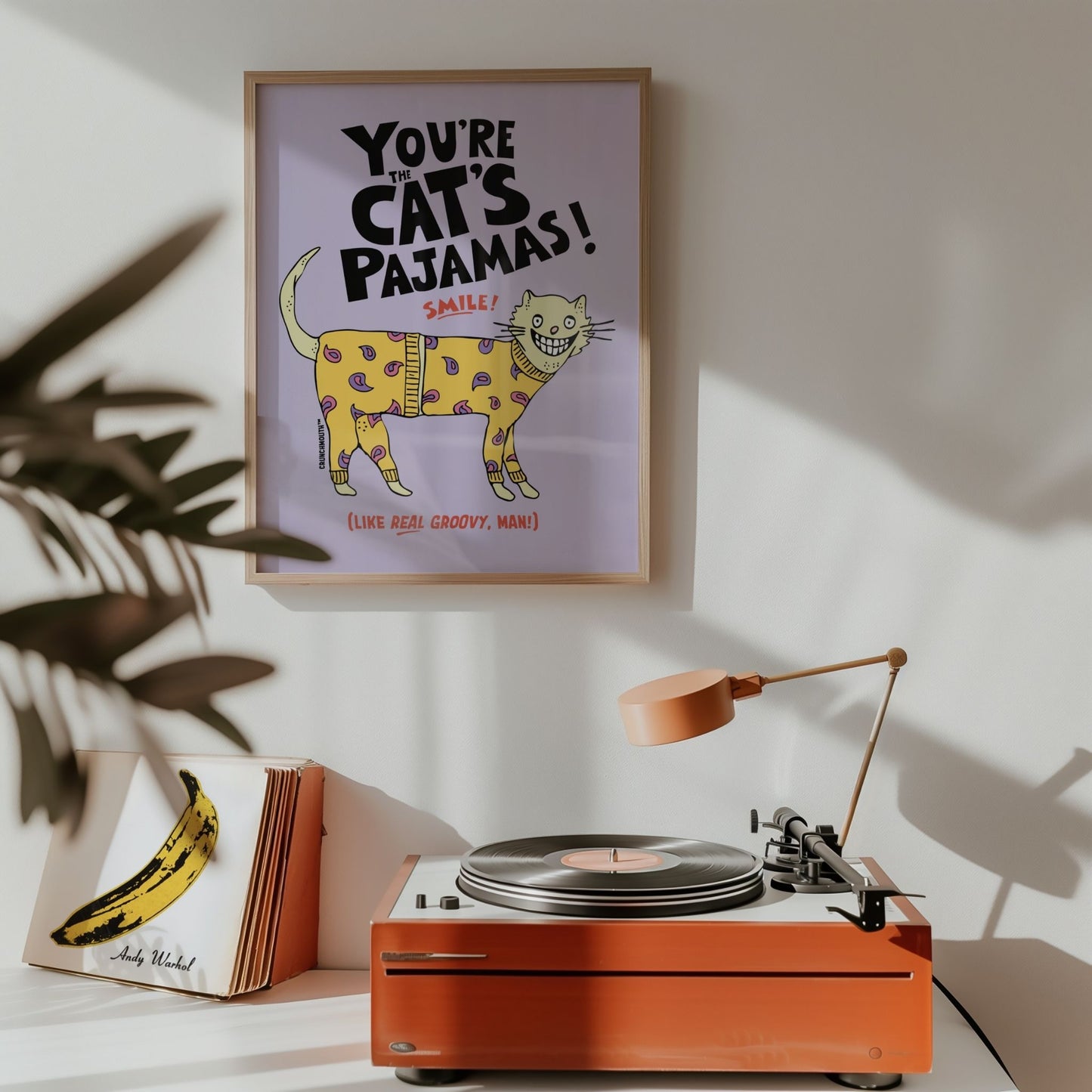 smile! you're the cat's pajamas wall art, displayed in context