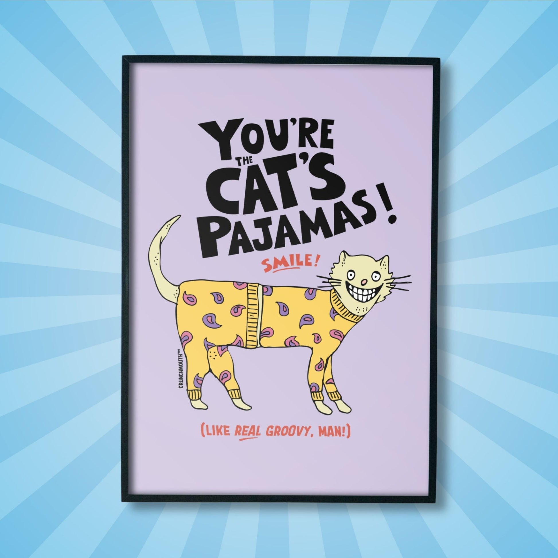 smile! you're the cat's pajamas wall art, sun rays design background