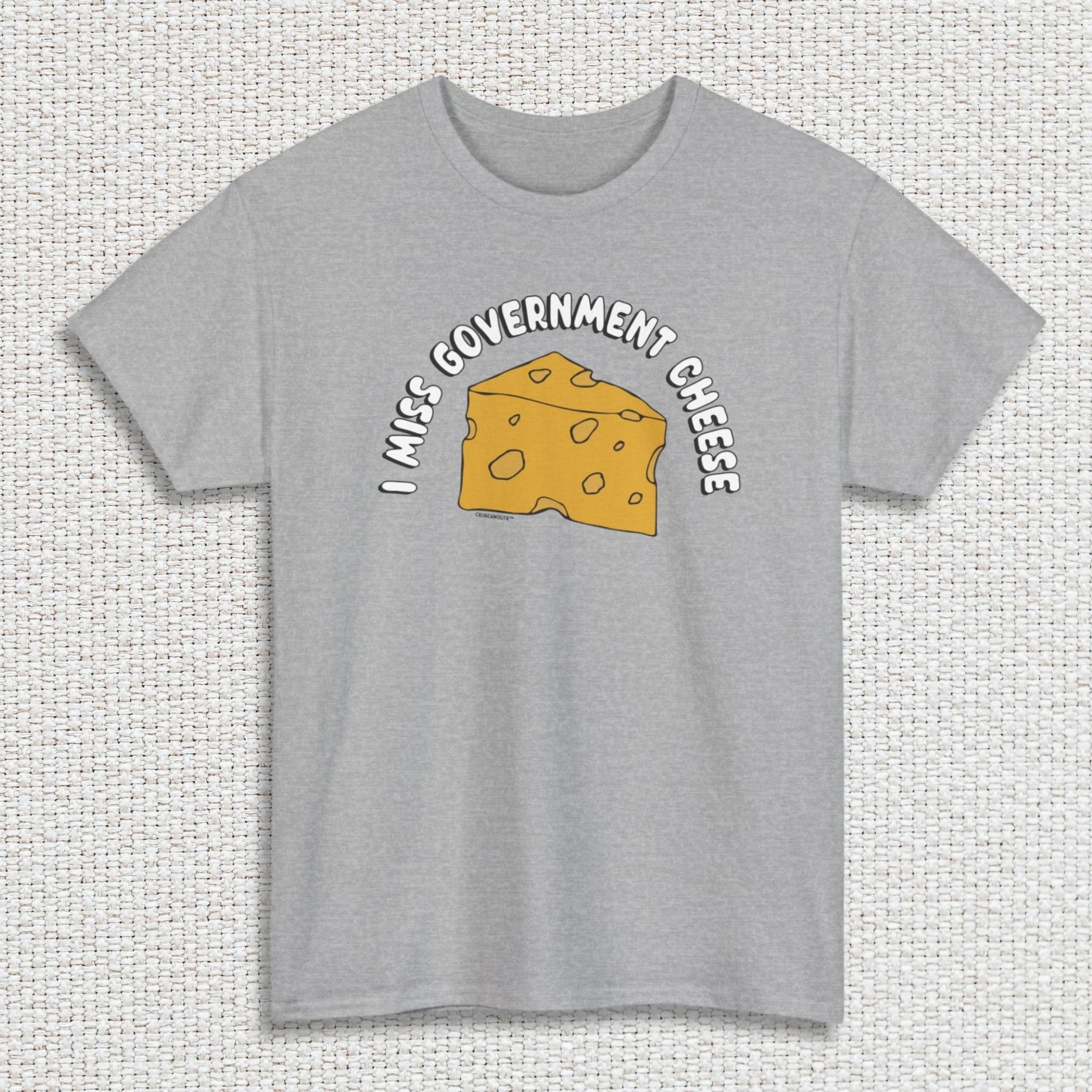 i miss government cheese shirt, sport grey color, textured fabric background