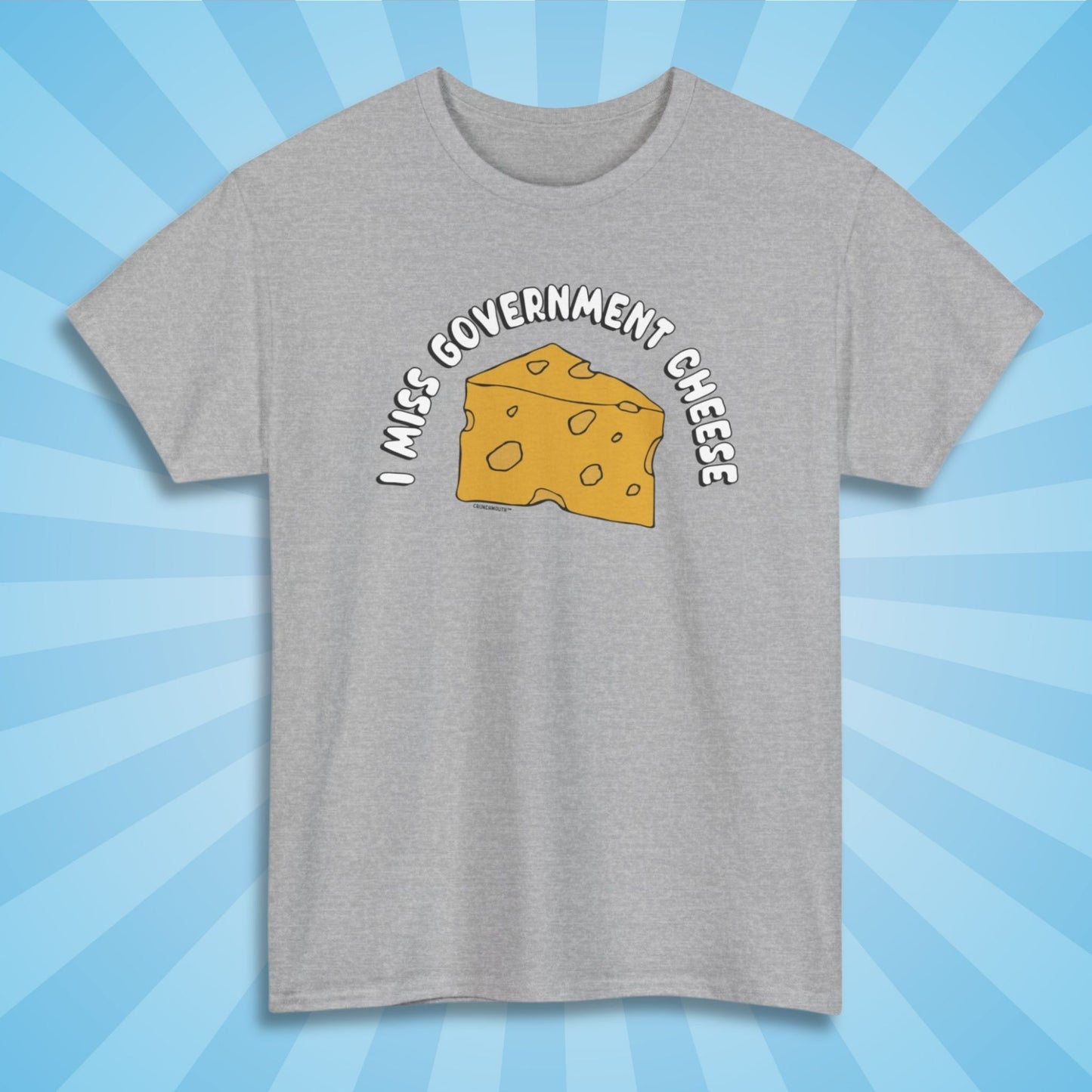 i miss government cheese shirt, sport grey color, sun rays design background