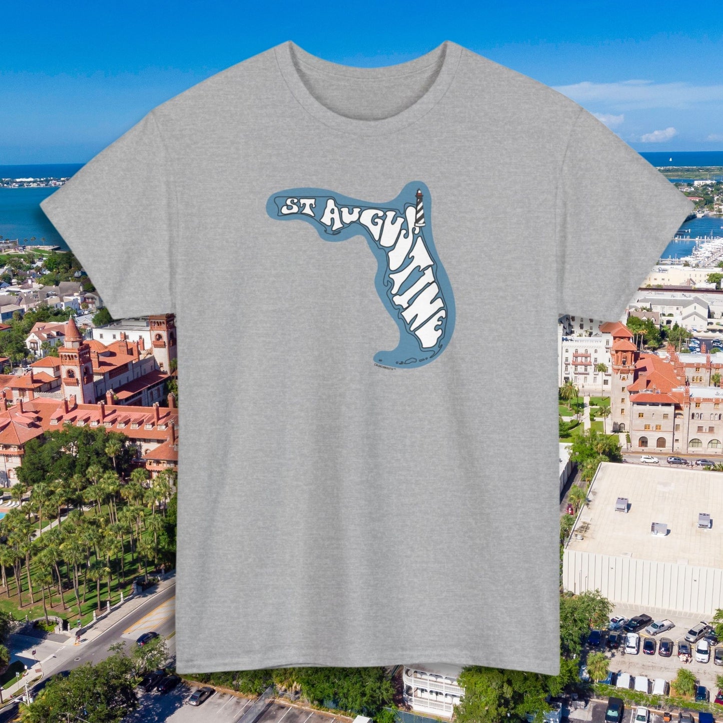 st augustine shirt, front, sport grey color, aerial cityscape background
