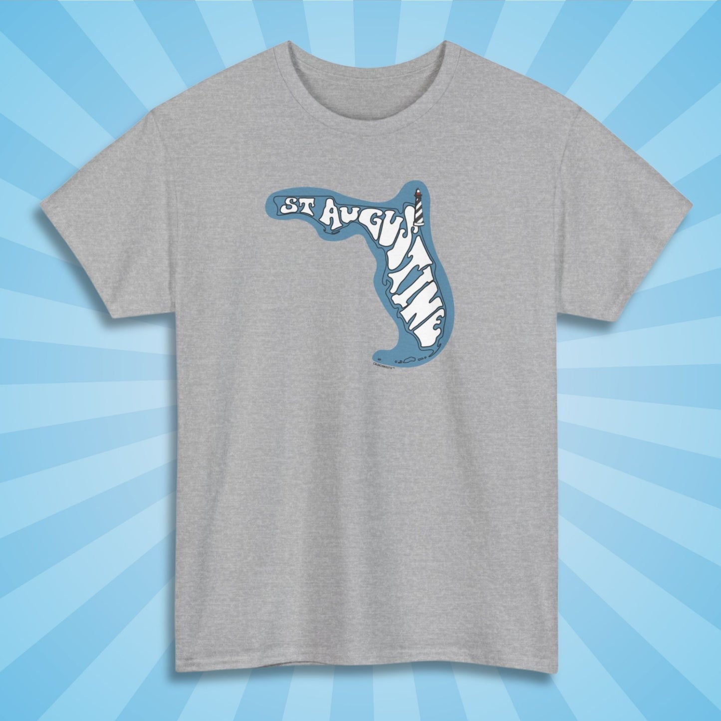 st augustine shirt, front, sport grey color, sun rays design background