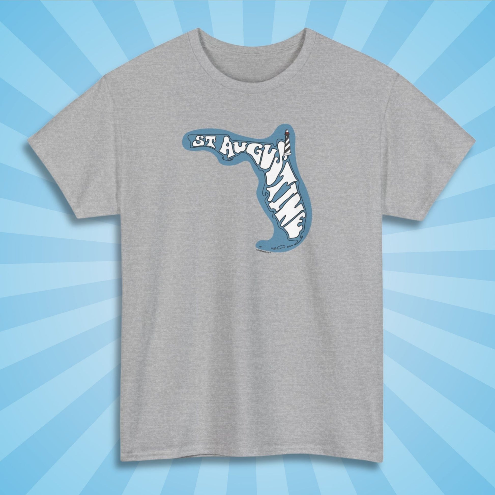 st augustine shirt, front, sport grey color, sun rays design background