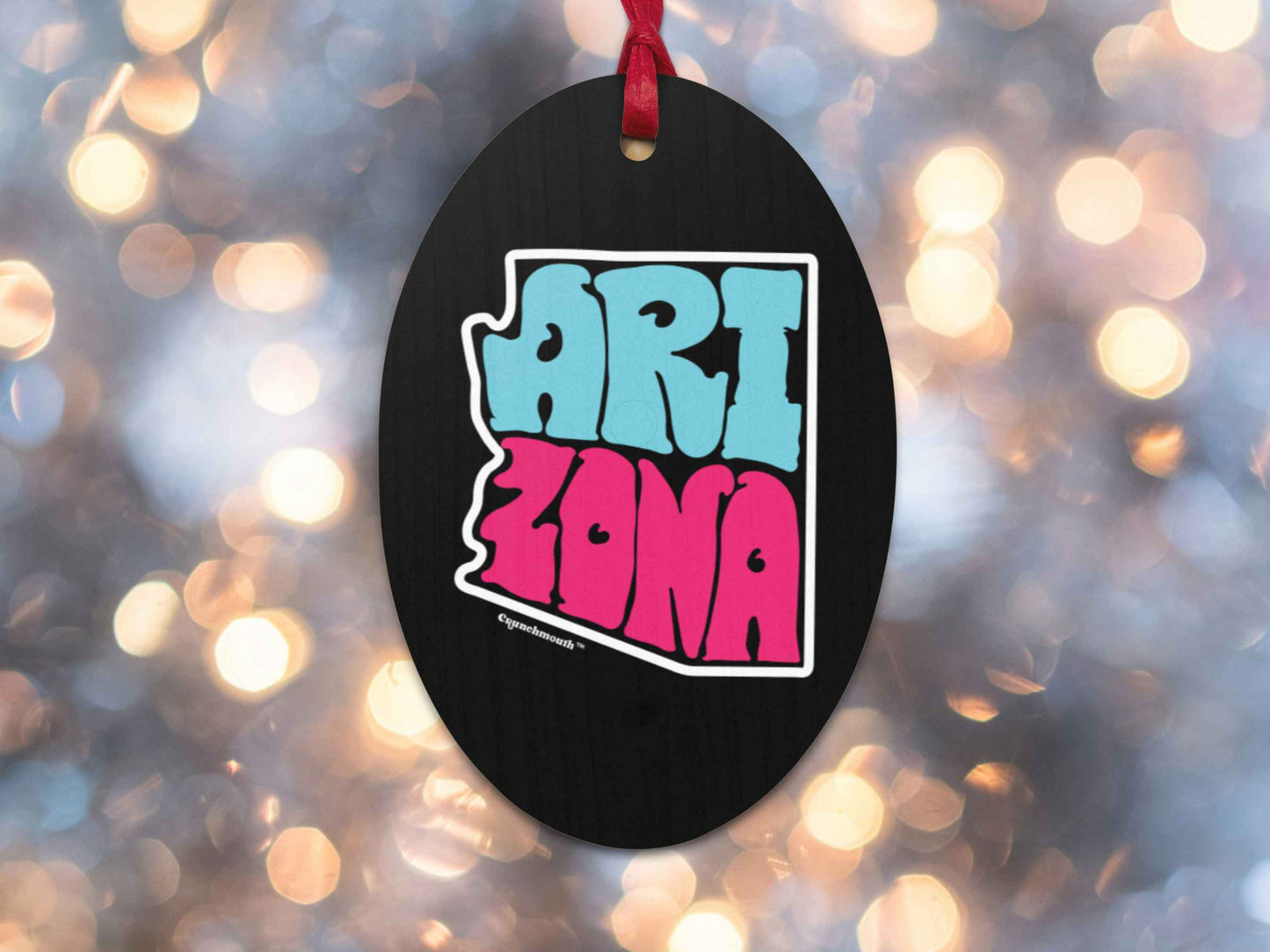 arizona souvenir Christmas ornament, back, Christmas lights background