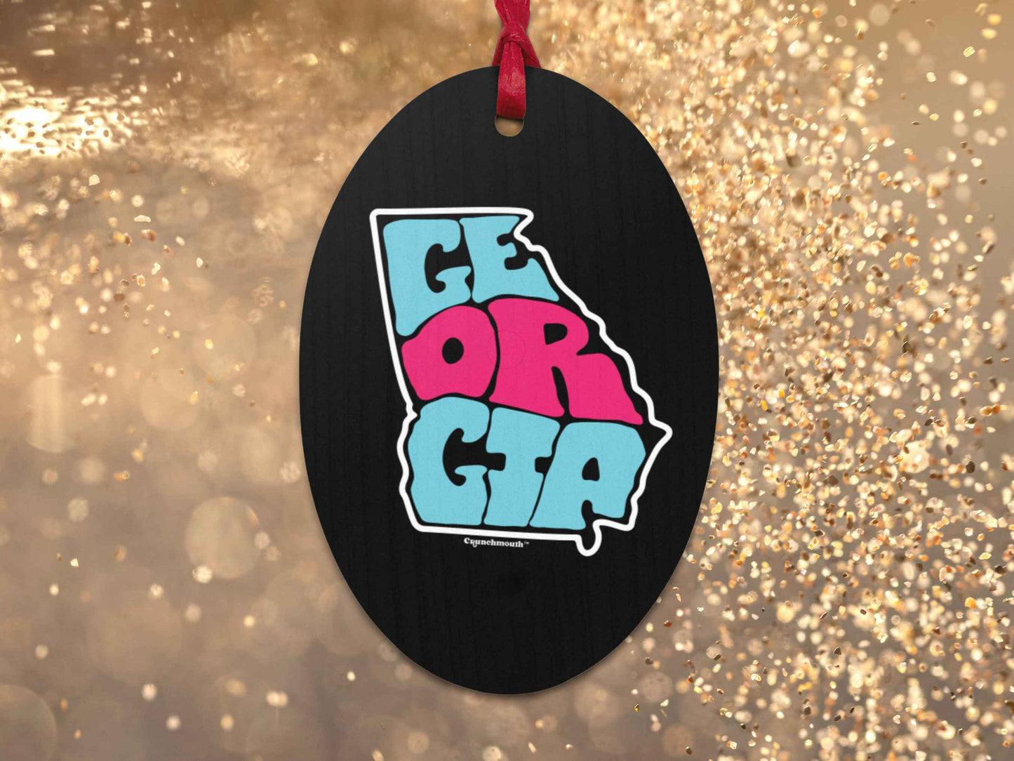 state of georgia Christmas ornament, back, gold glitter background