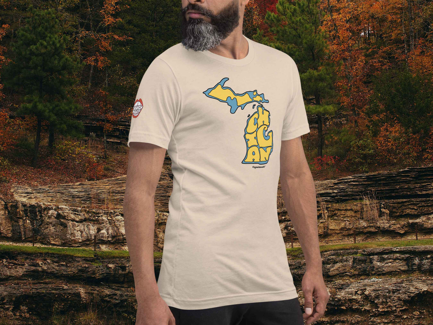 state of michigan shirt, front right, male model, forest stream background