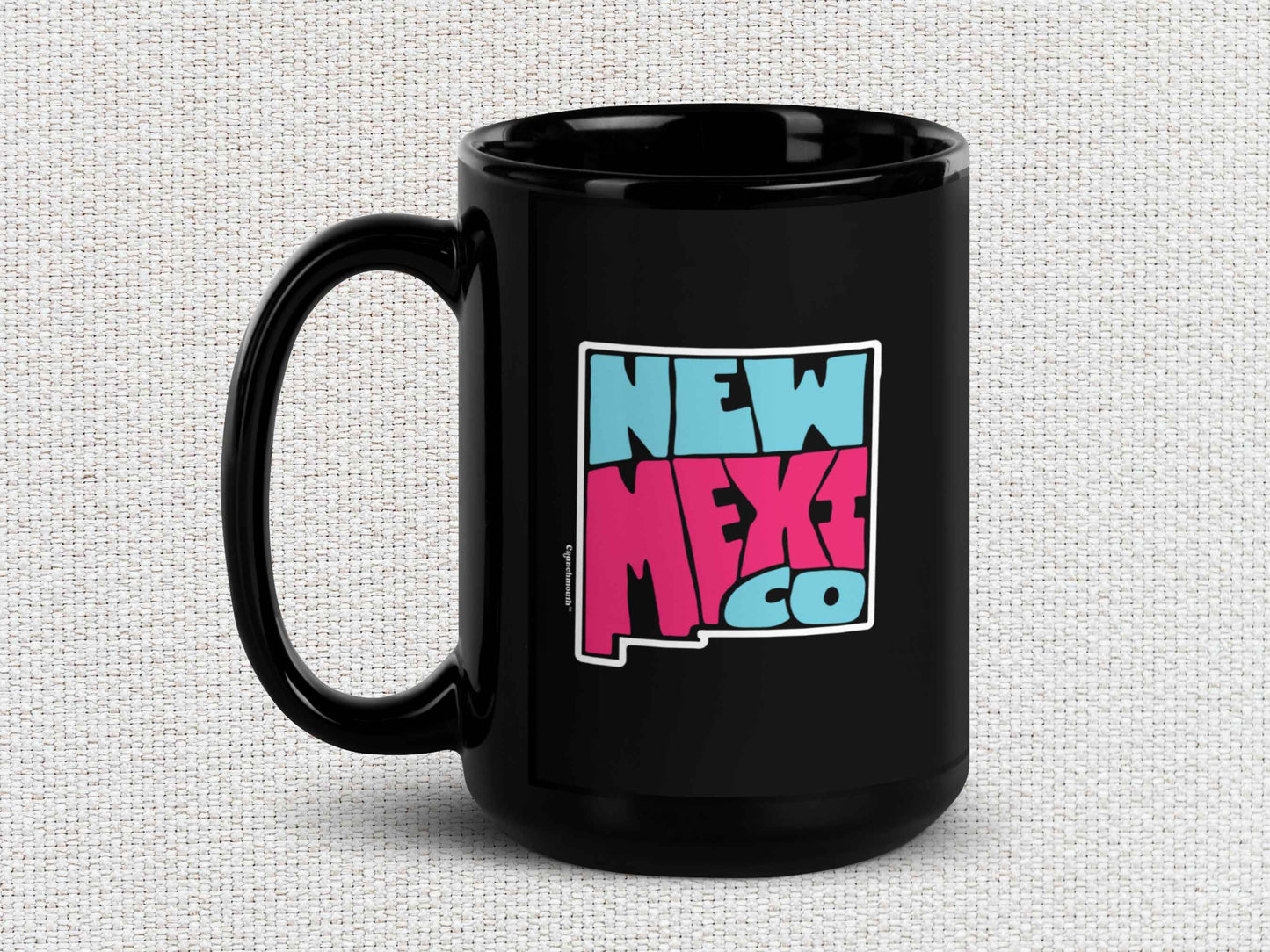 new mexico mug, souvenir coffee mugs, 15oz, handle on left, white textured background