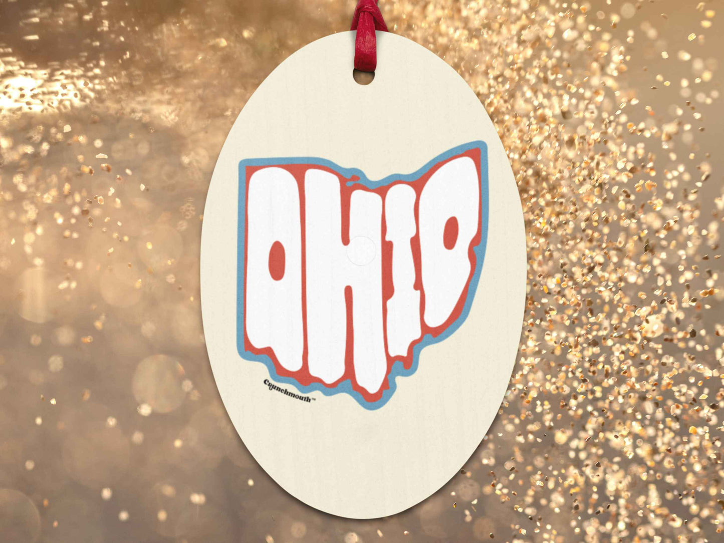 state of ohio Christmas ornament, back, gold glitter background