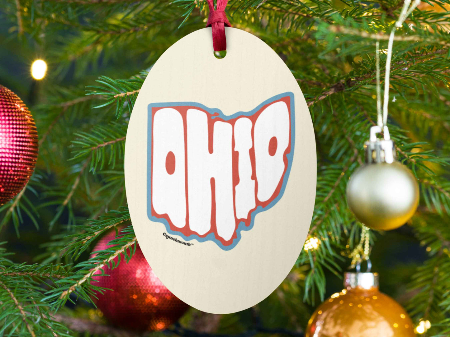 state of ohio Christmas ornament, front, Christmas tree background