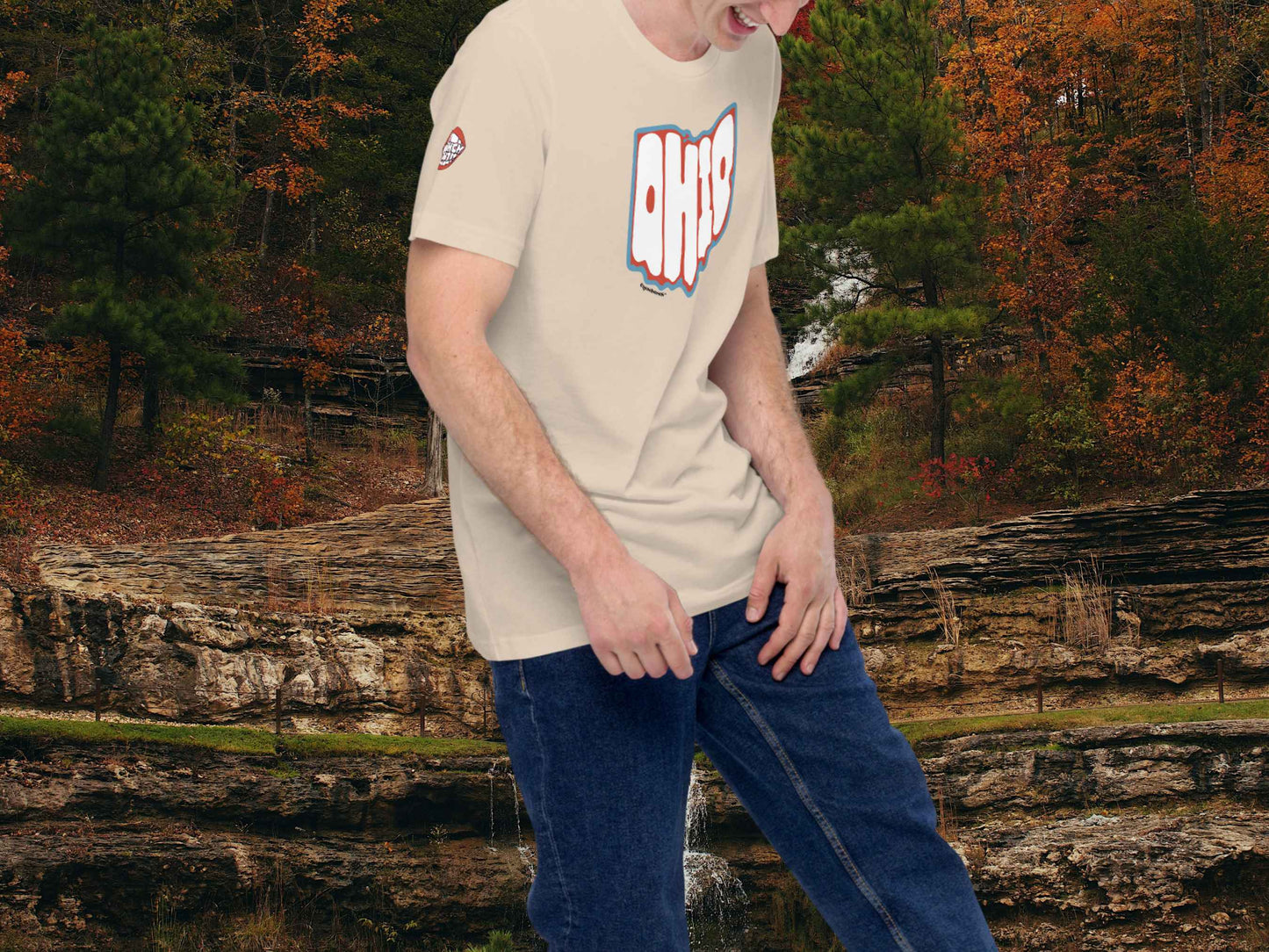 state of ohio shirt, souvenir t shirts, male model, front right, autumn forest background