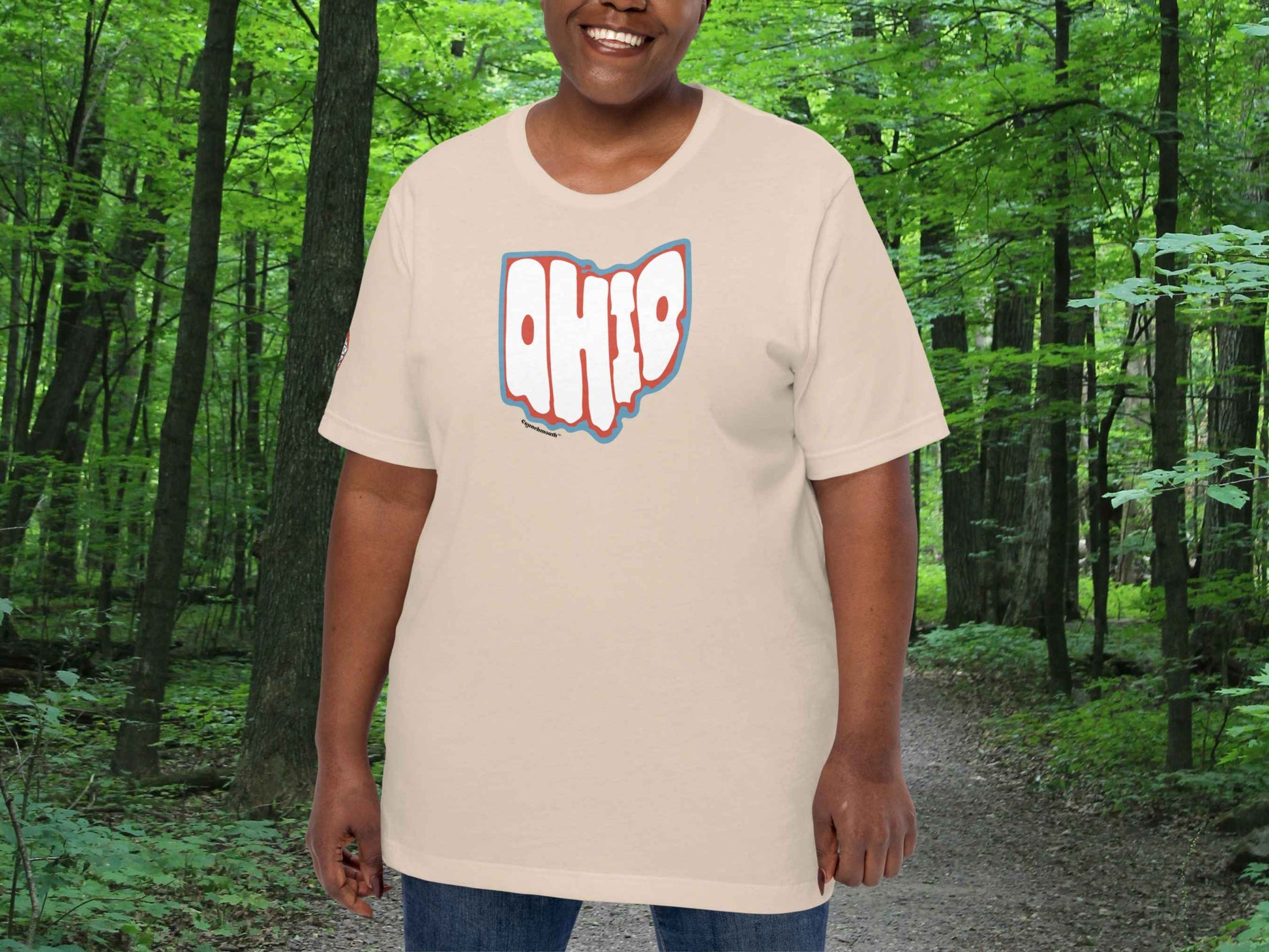 state of ohio shirt, souvenir t shirts, female model, front, forest trail background