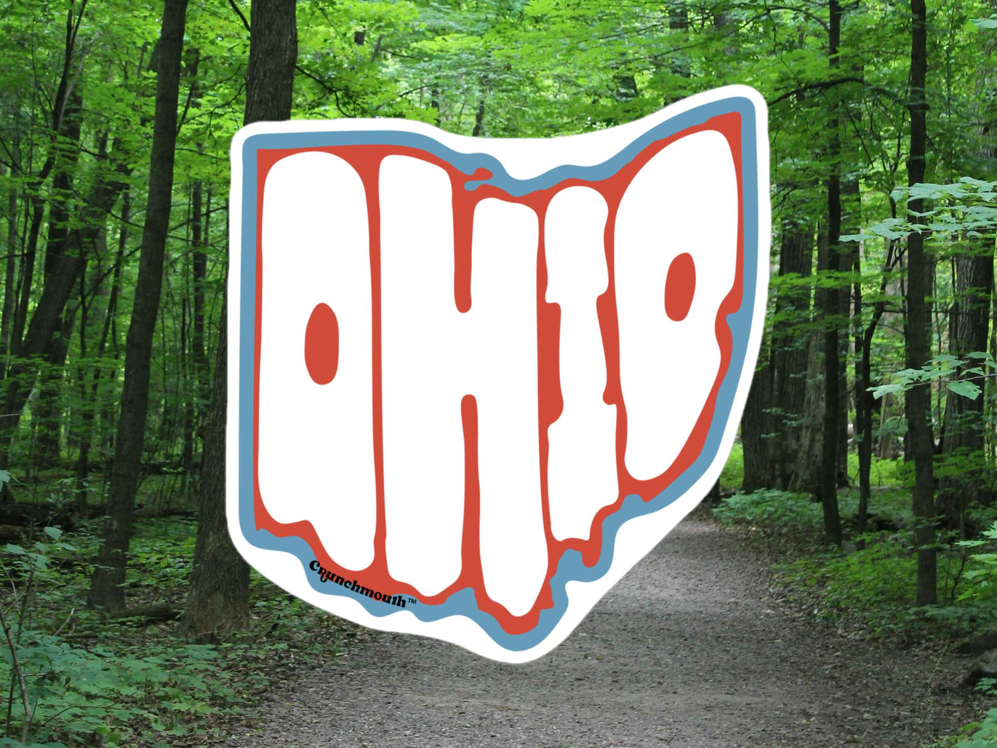 state of ohio sticker, travel luggage stickers, forest trail background