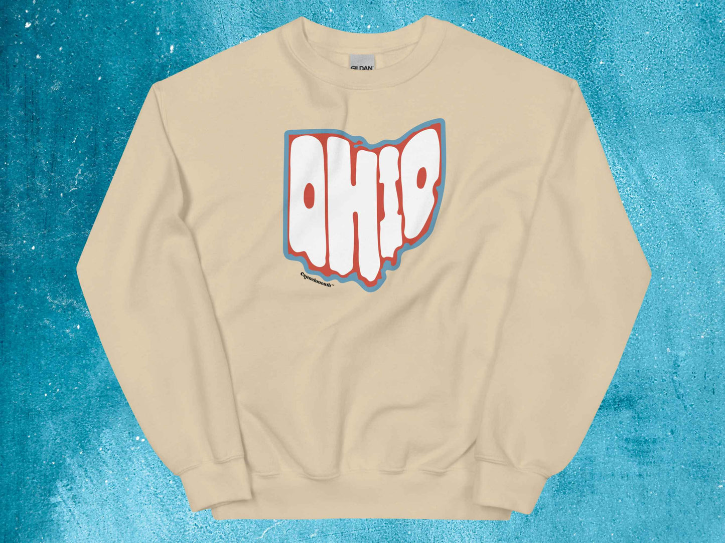 state of ohio sweatshirt, retro crewneck sweatshirts, flat, front, blue textured background