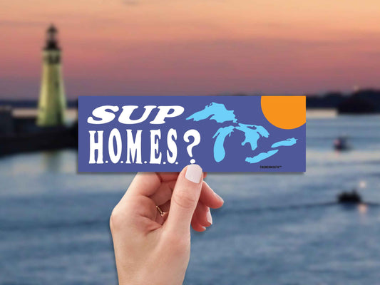 sup homes?, funny great lakes bumper sticker, hand display, lake erie lighthouse background