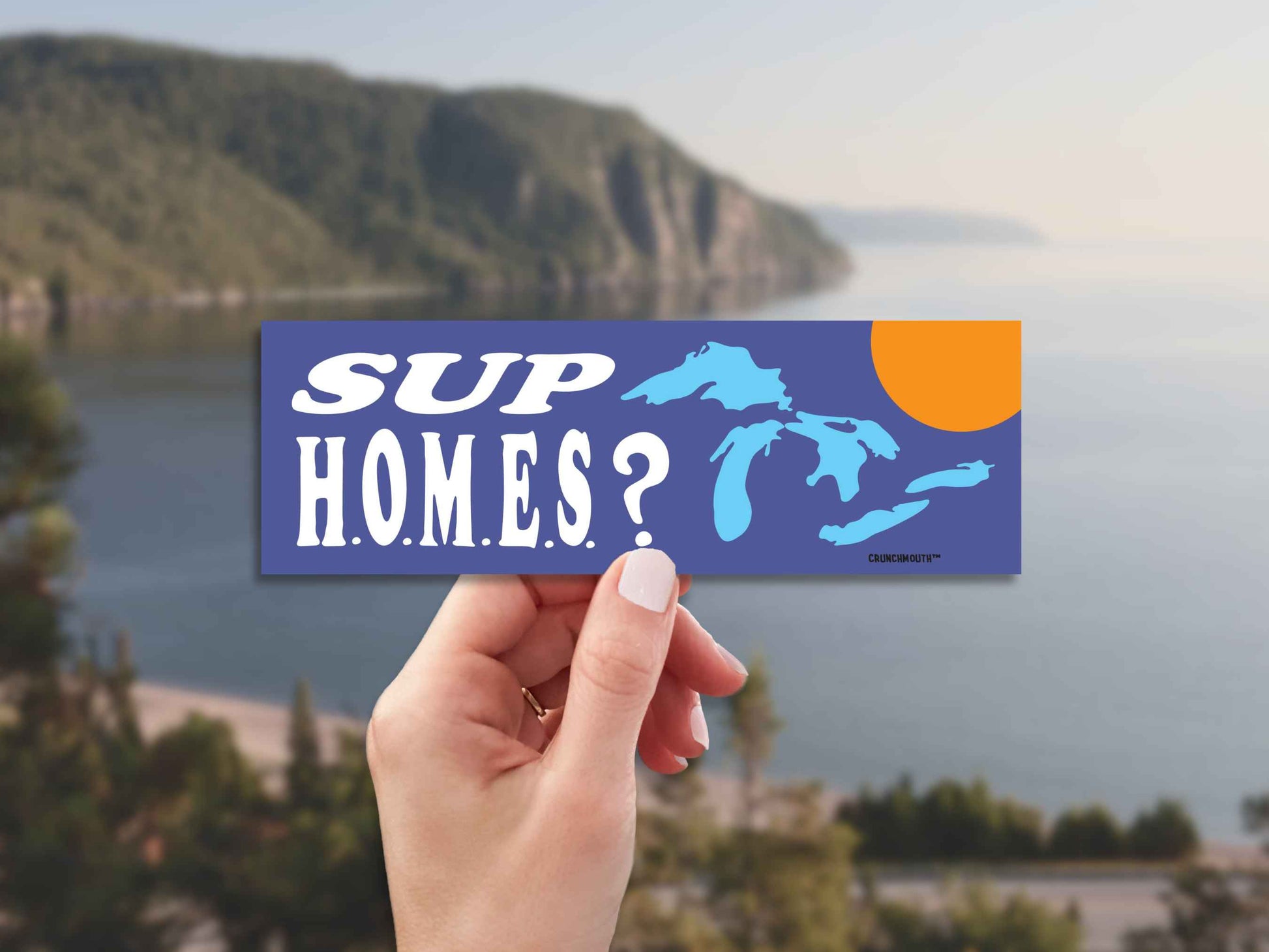 sup homes?, funny great lakes bumper sticker, hand display, lake superior background