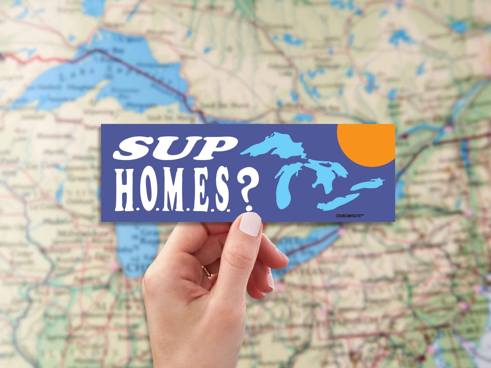 sup homes?, funny great lakes bumper sticker, hand display, great lakes area map background