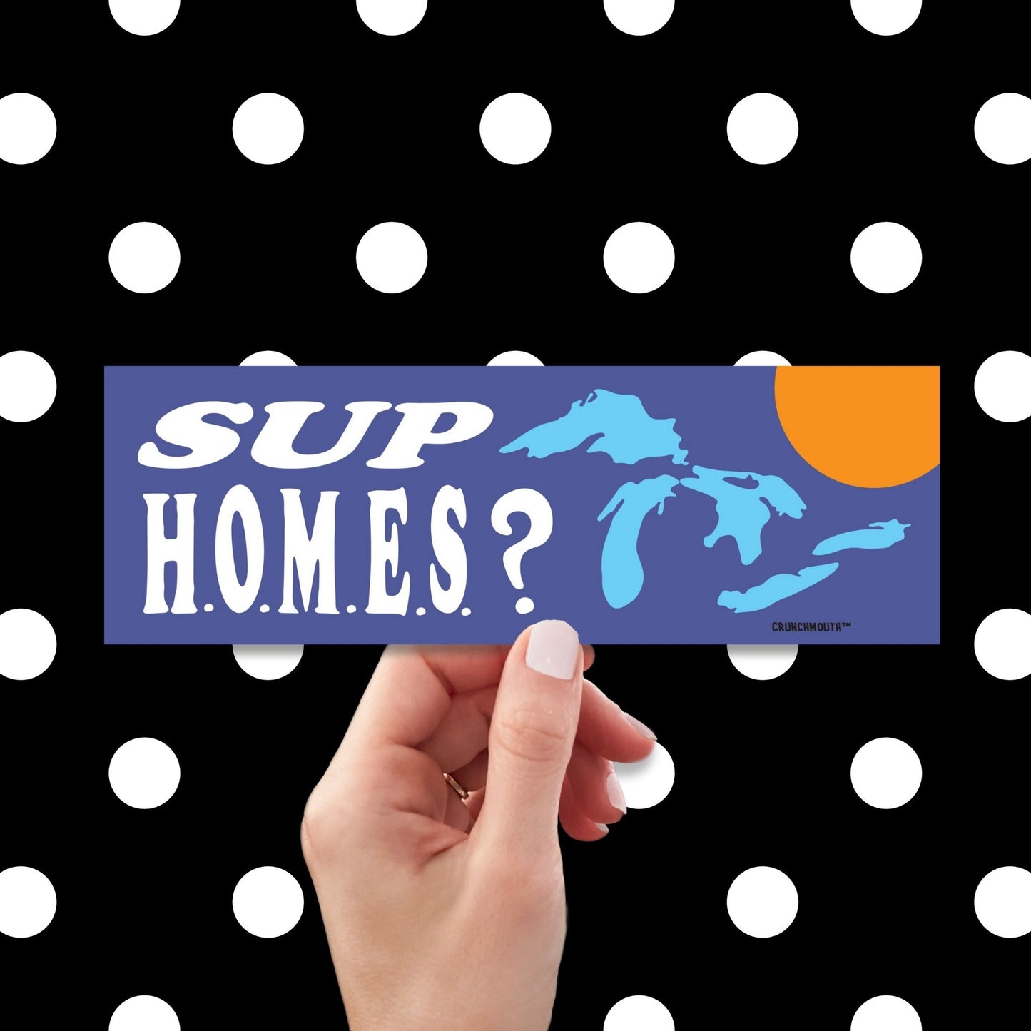 sup homes?, funny great lakes bumper sticker, hand display, polka dots pattern design background