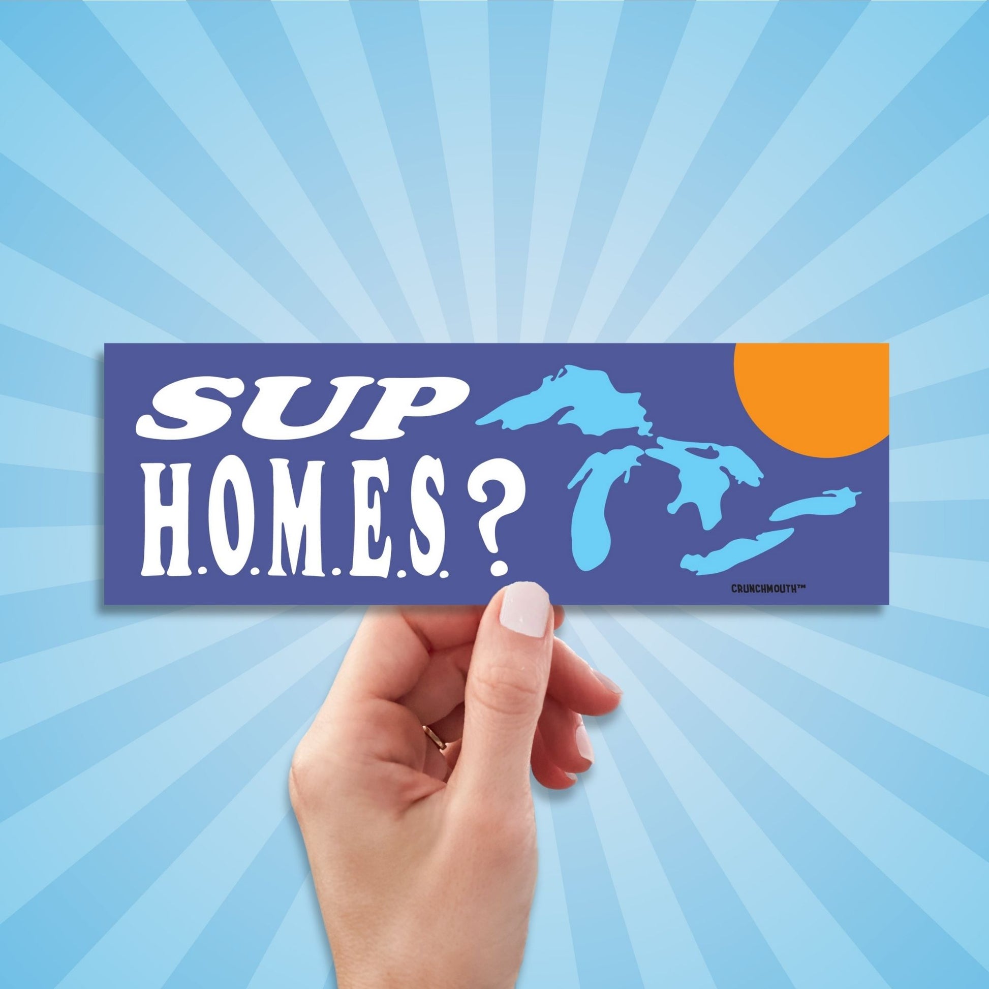 sup homes?, funny great lakes bumper sticker, hand display, sun rays design background