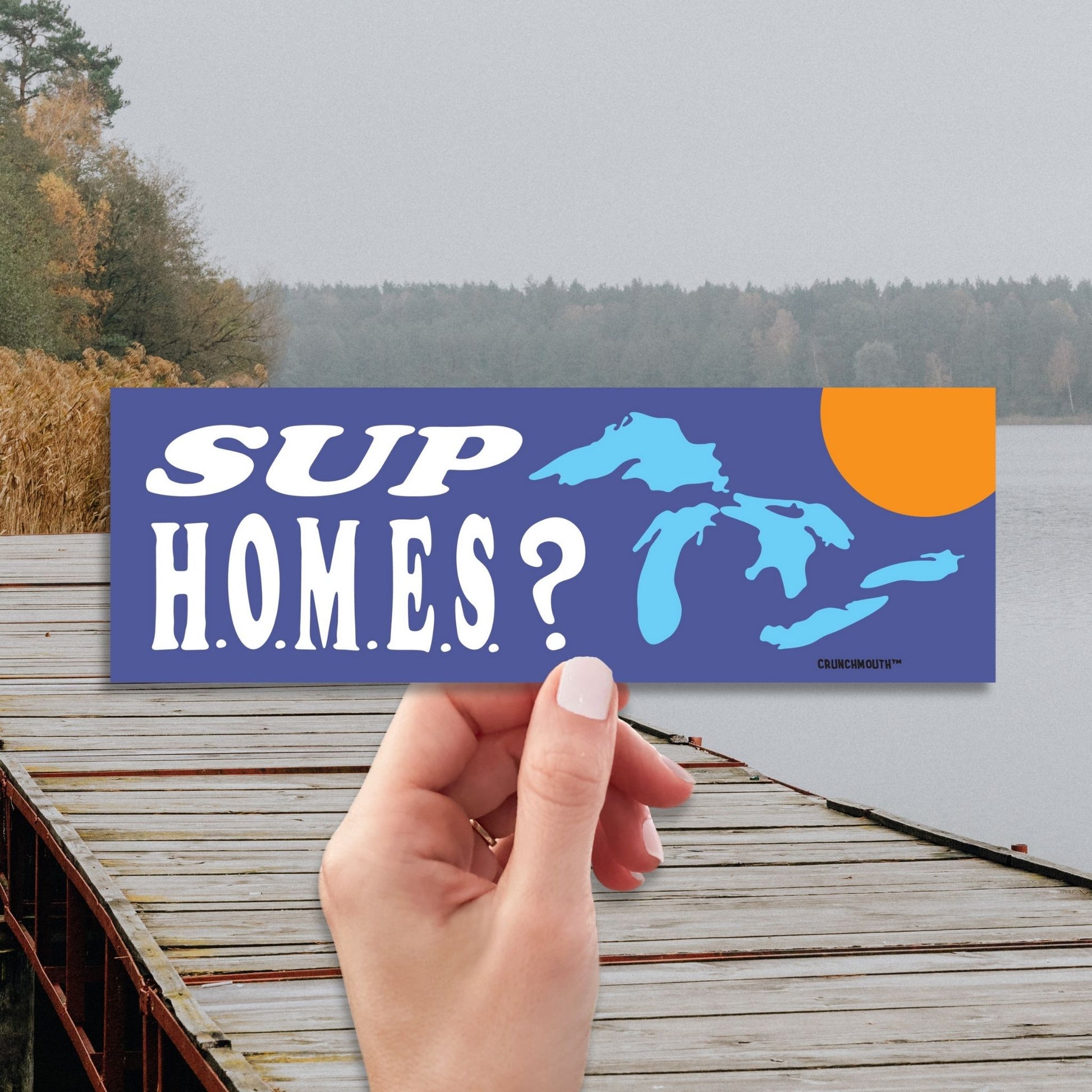 sup homes?, funny great lakes bumper sticker, hand display, lake background
