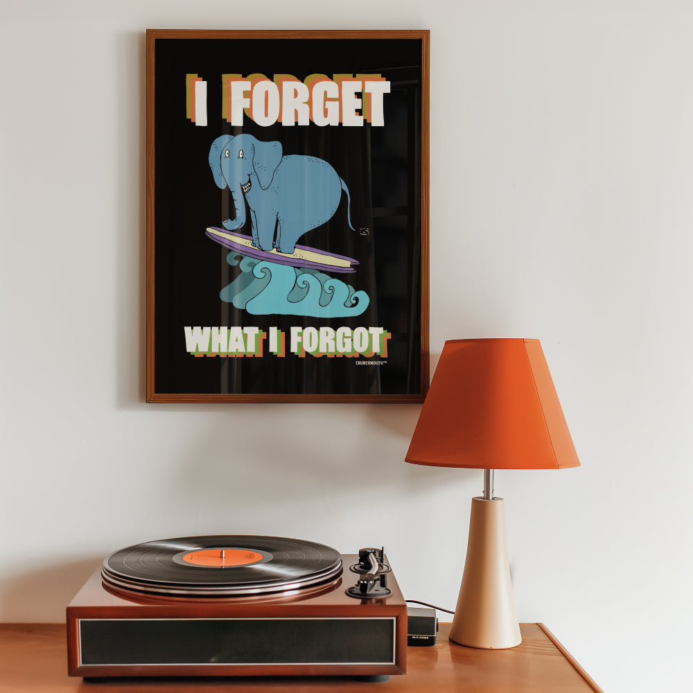i forget what i forgot wall art poster, surfing elephant, displayed in context