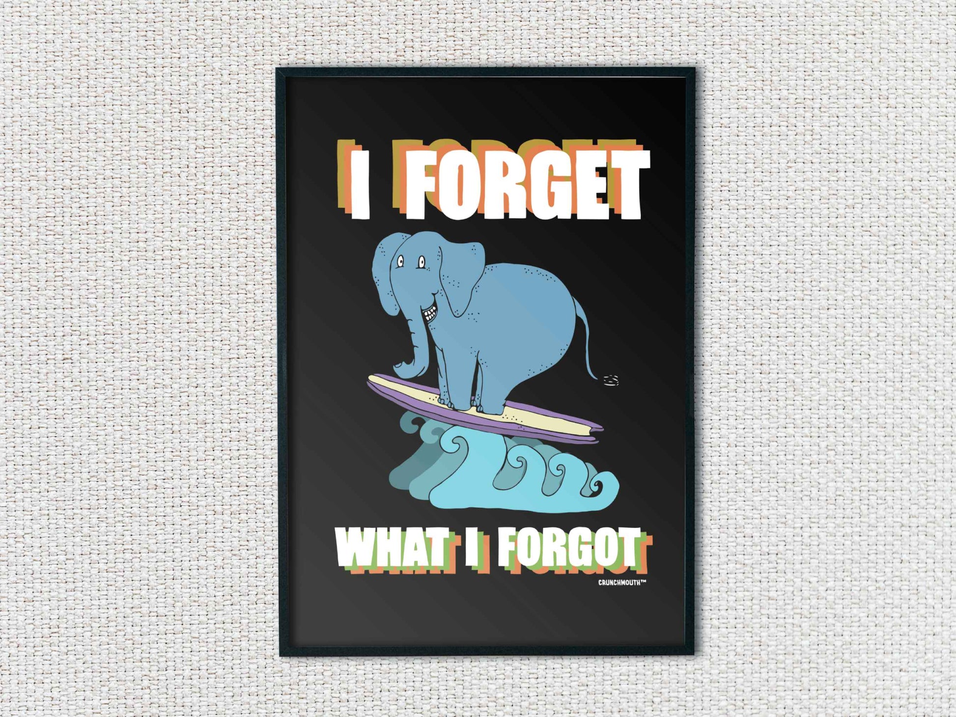 i forget what i forgot wall art poster, surfing elephant, flat, white textured background
