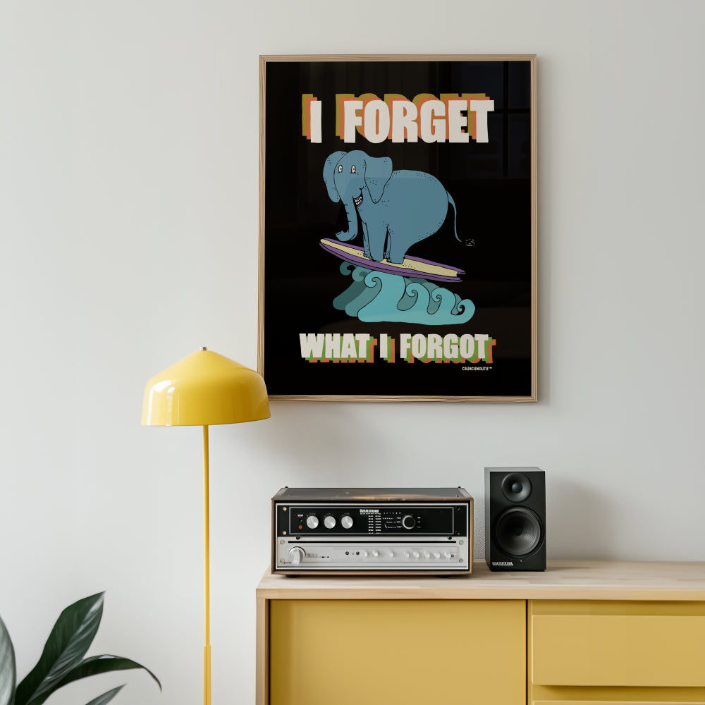i forget what i forgot wall art poster, surfing elephant, displayed in context