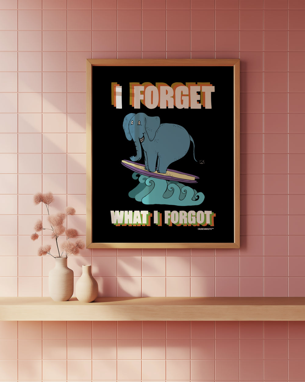 i forget what i forgot wall art poster, surfing elephant, displayed in context