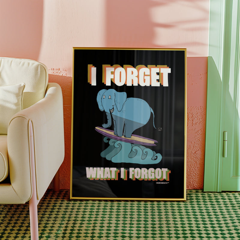 i forget what i forgot wall art poster, surfing elephant, displayed in context