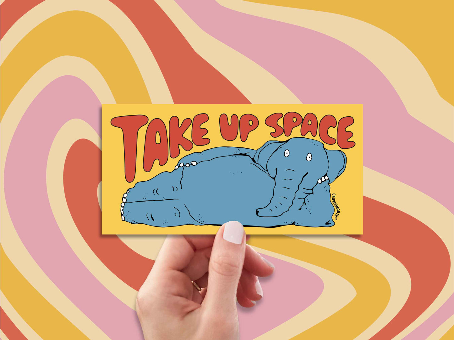take up space elephant bumper sticker, hand display, swirl pattern background