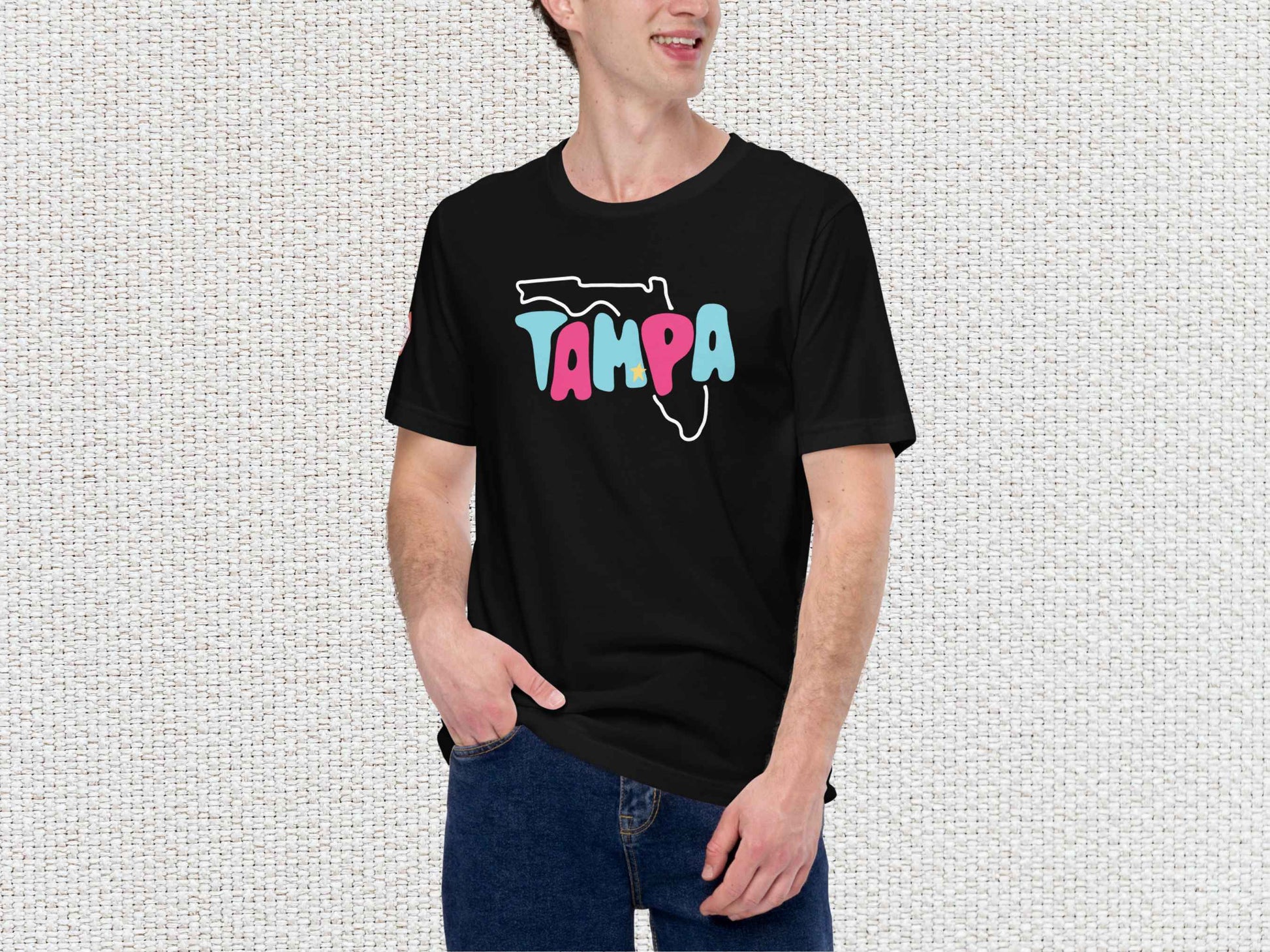 tampa souvenir t-shirt, male model, front, white textured background