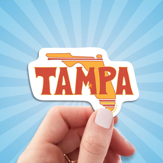 tampa florida travel luggage sticker, hand display, sun rays design background