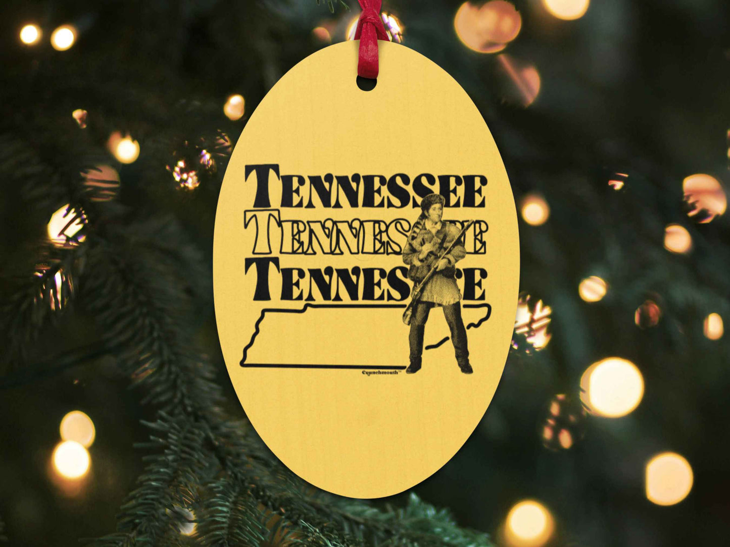 tennessee Christmas ornament, back, Christmas tree background