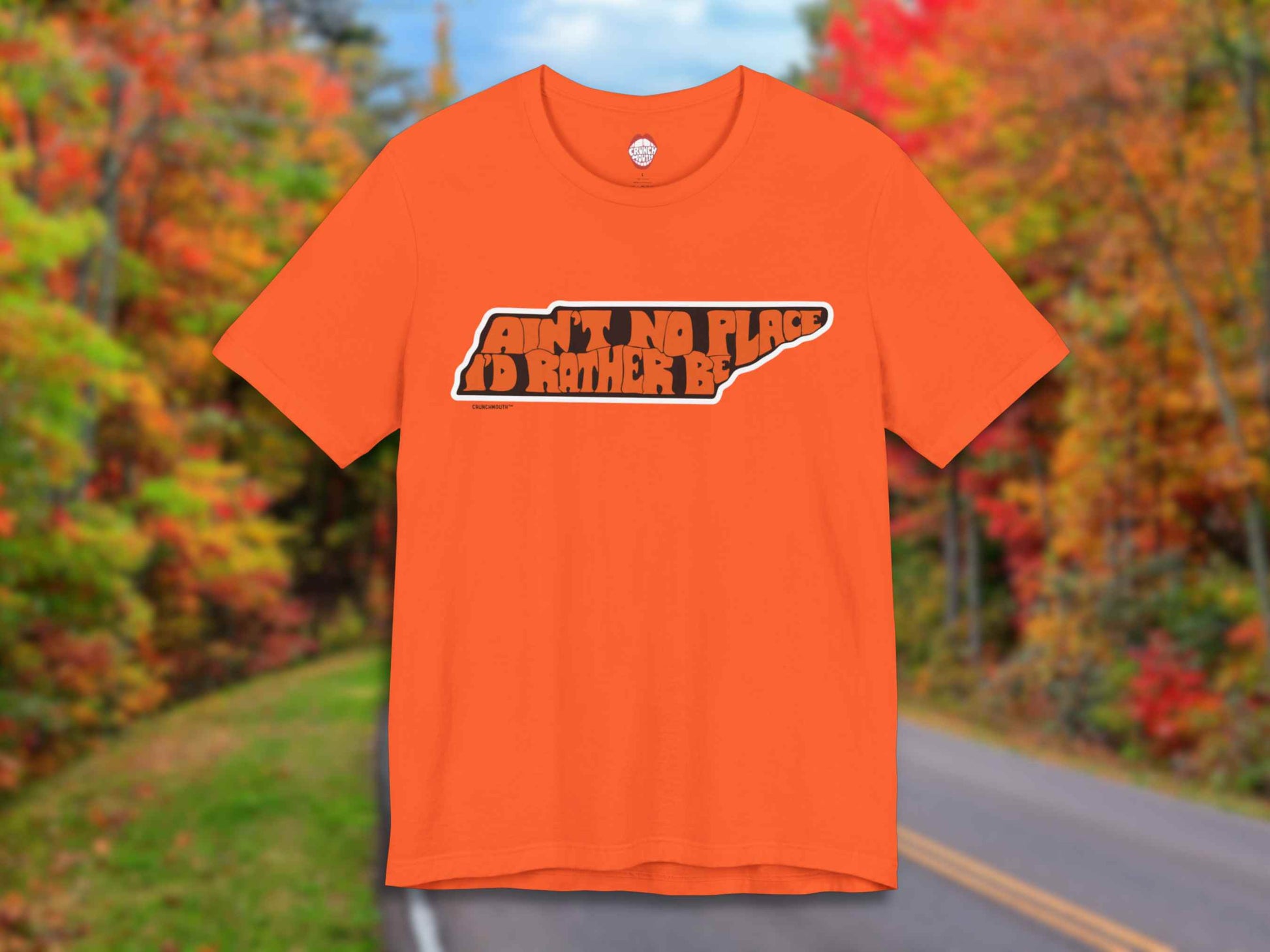 tennessee ain't no place i'd rather be shirt, grateful dead tennessee jed, front, autumn leaves on trees back roads background