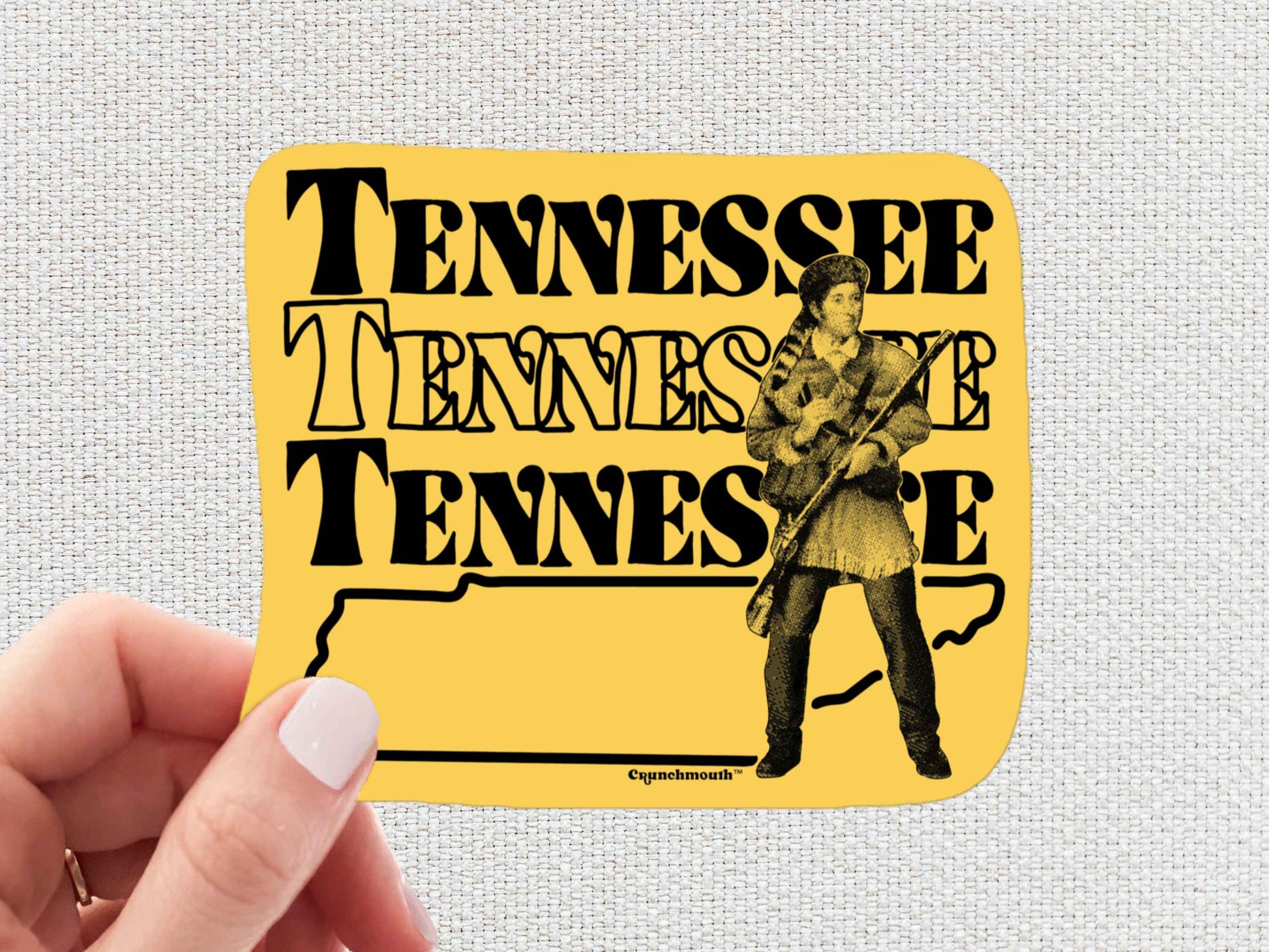 tennessee sticker, volunteer state, travel luggage sticker, hand display, white textured background