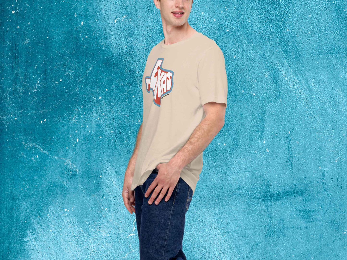 texas shirt, souvenir t shirts, male model, front left, blue textured background