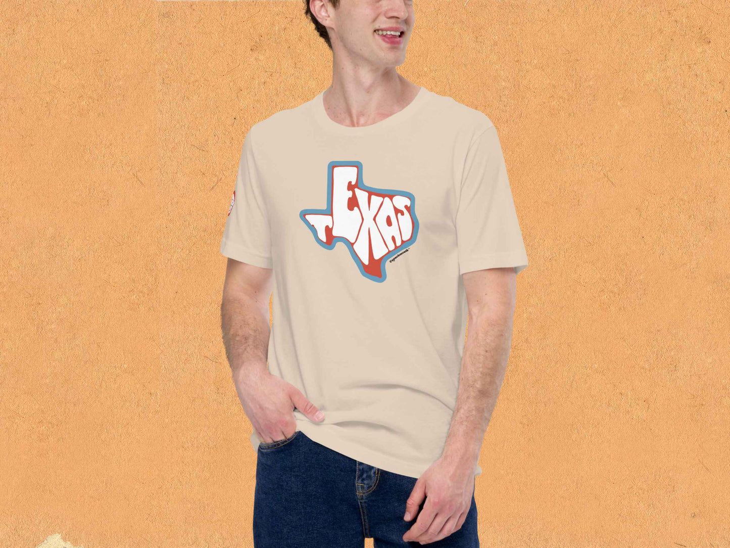 texas shirt, souvenir t shirts, male model, front, orange textured background