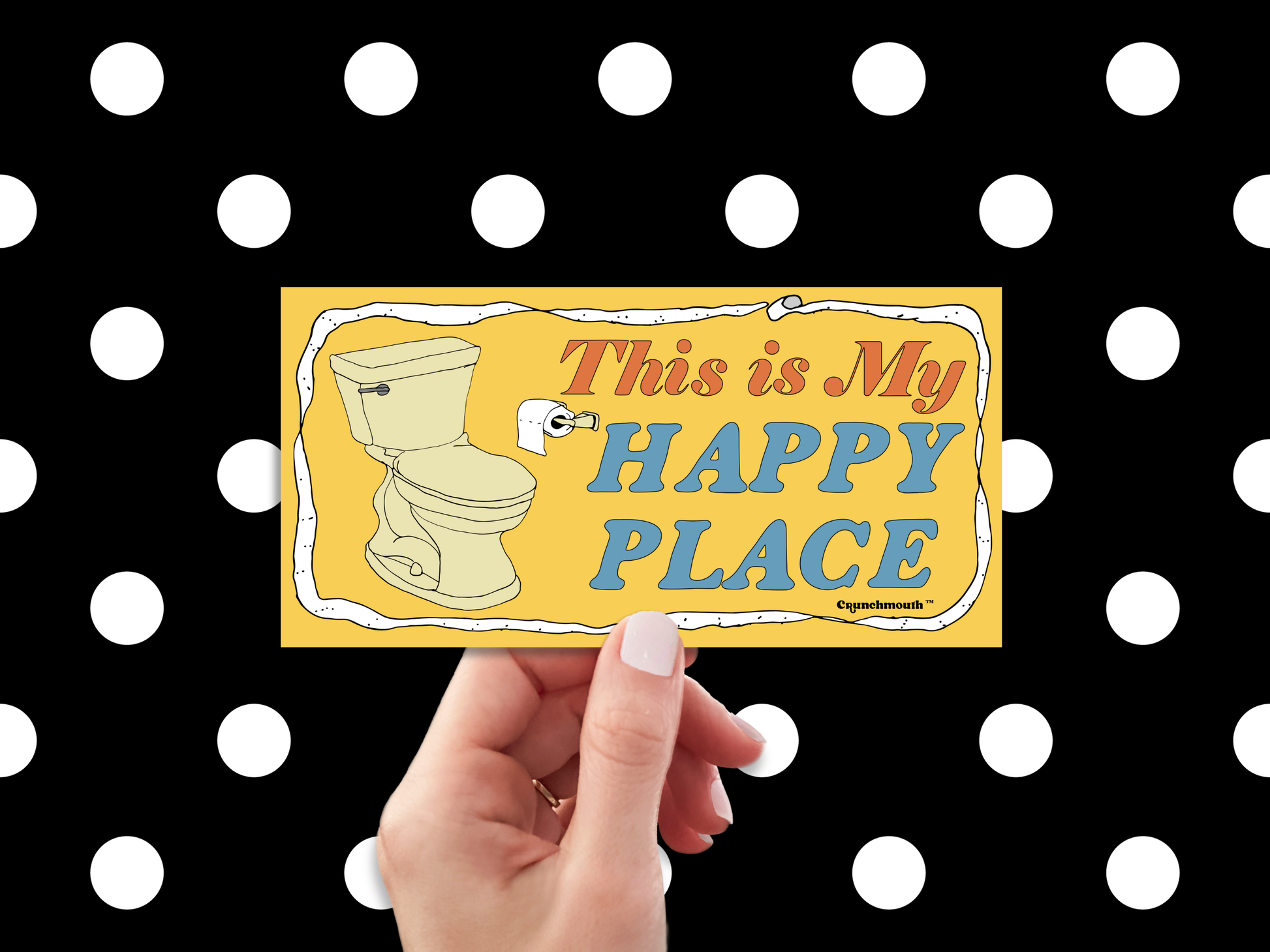 the bathroom is my happy place bumper sticker, hand display, polka dot background
