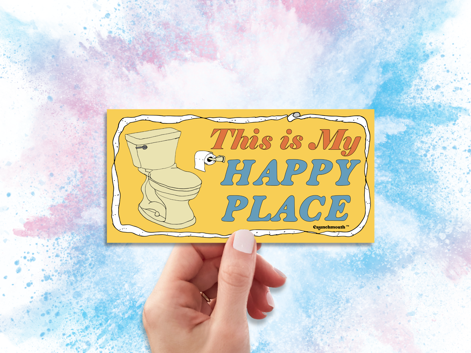 the bathroom is my happy place bumper sticker, hand display, watercolor background