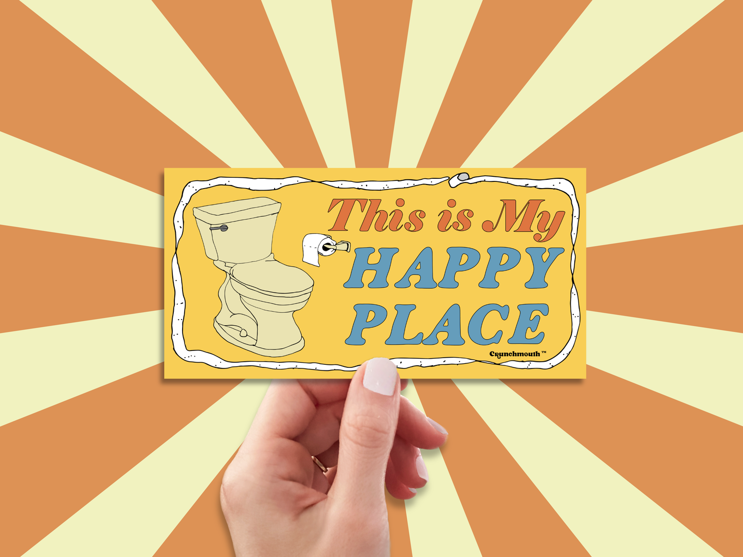 the bathroom is my happy place bumper sticker, hand display, sun rays design background