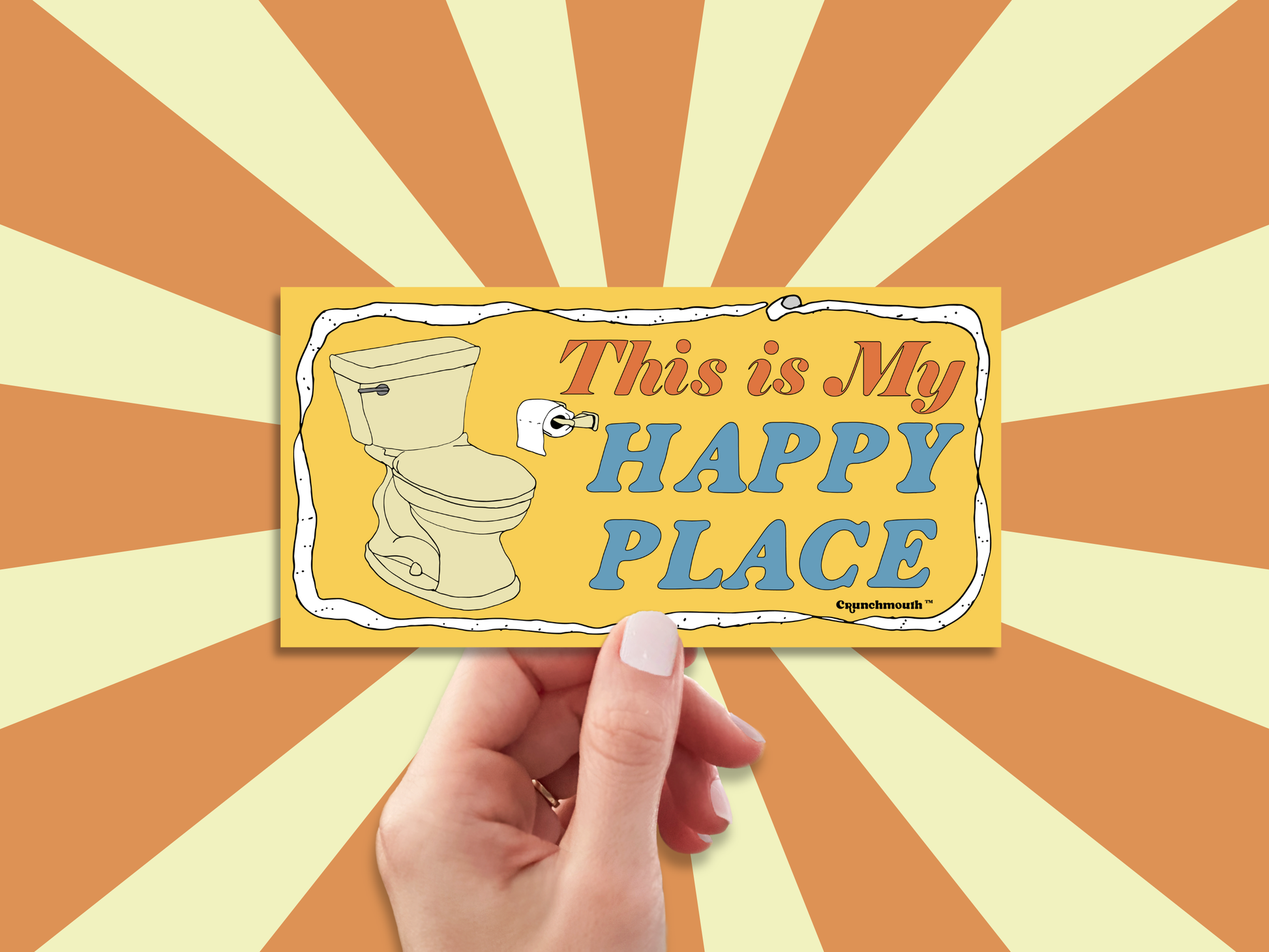 the bathroom is my happy place bumper sticker, hand display, sun rays design background