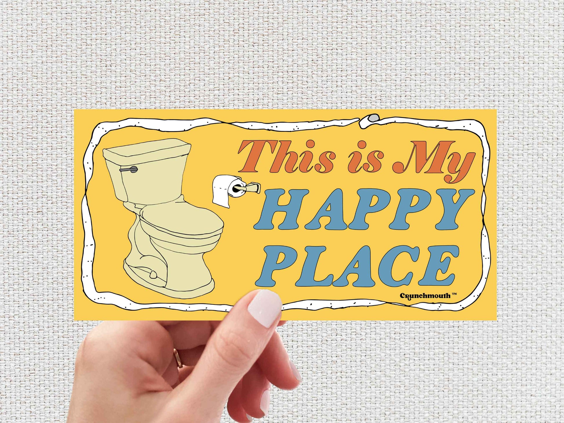 the bathroom is my happy place bumper sticker, hand display, white textured background