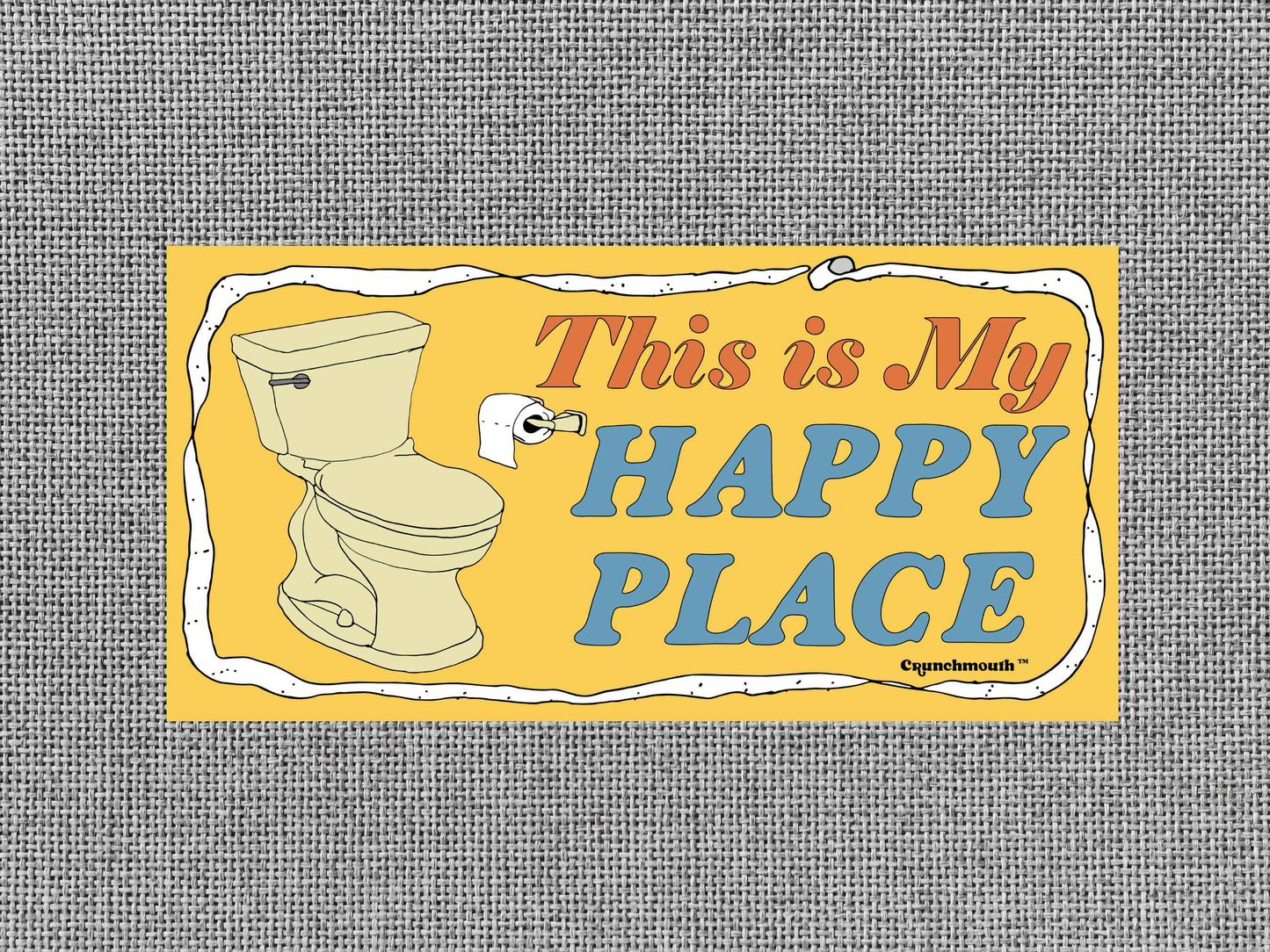 the bathroom is my happy place bumper sticker, rose color textured background