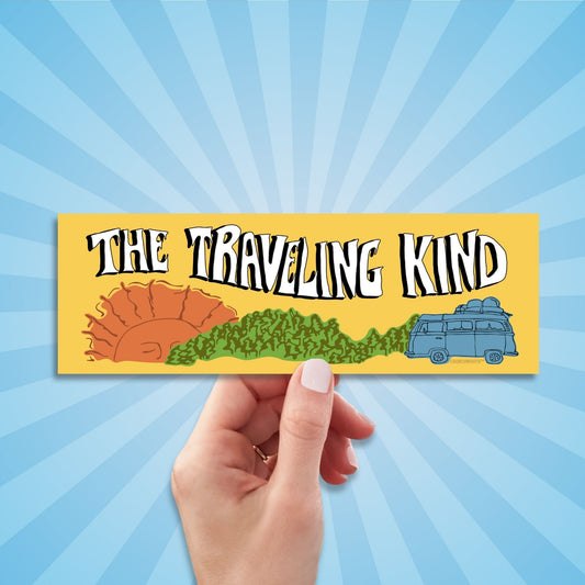 the traveling kind bumper sticker, hand display, sun rays design background