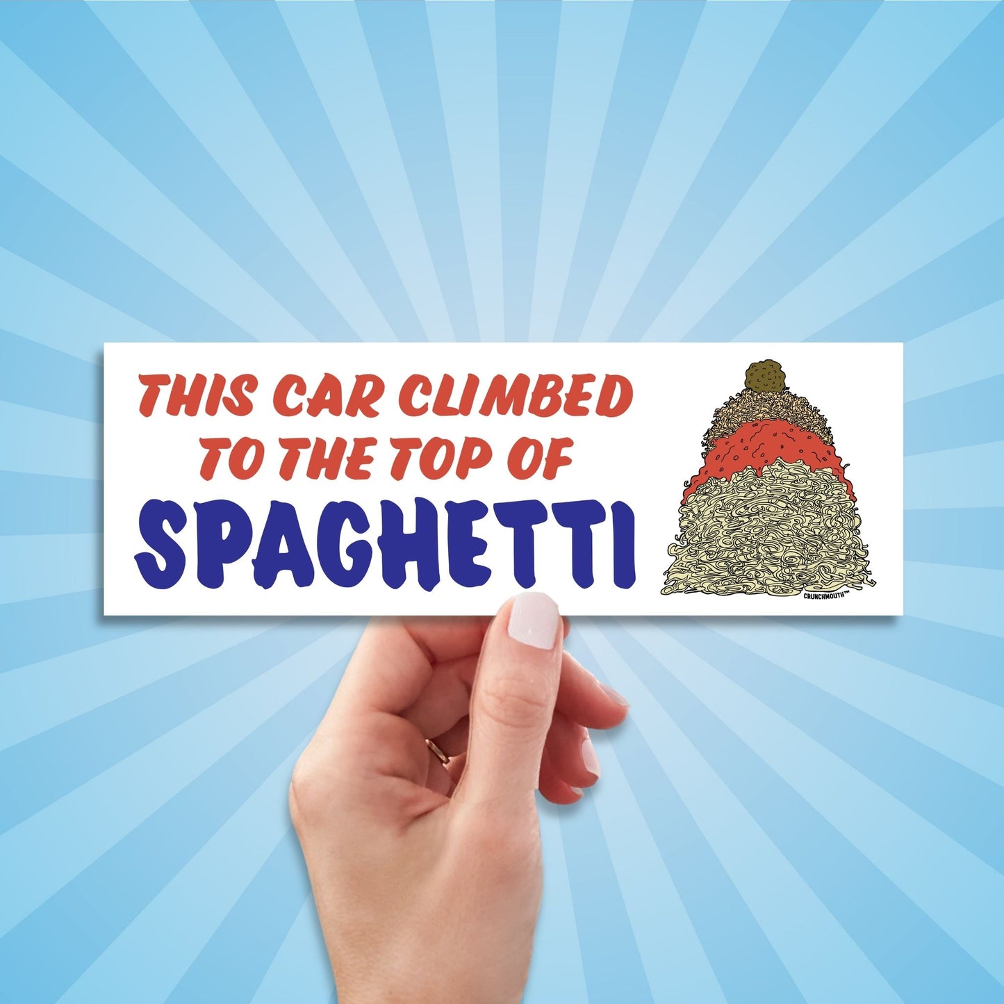 this car climbed to the top of spaghetti bumper sticker, hand display, sun rays design background
