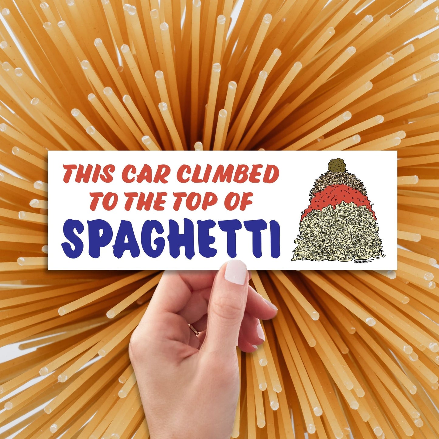 this car climbed to the top of spaghetti bumper sticker, hand display, spaghetti background
