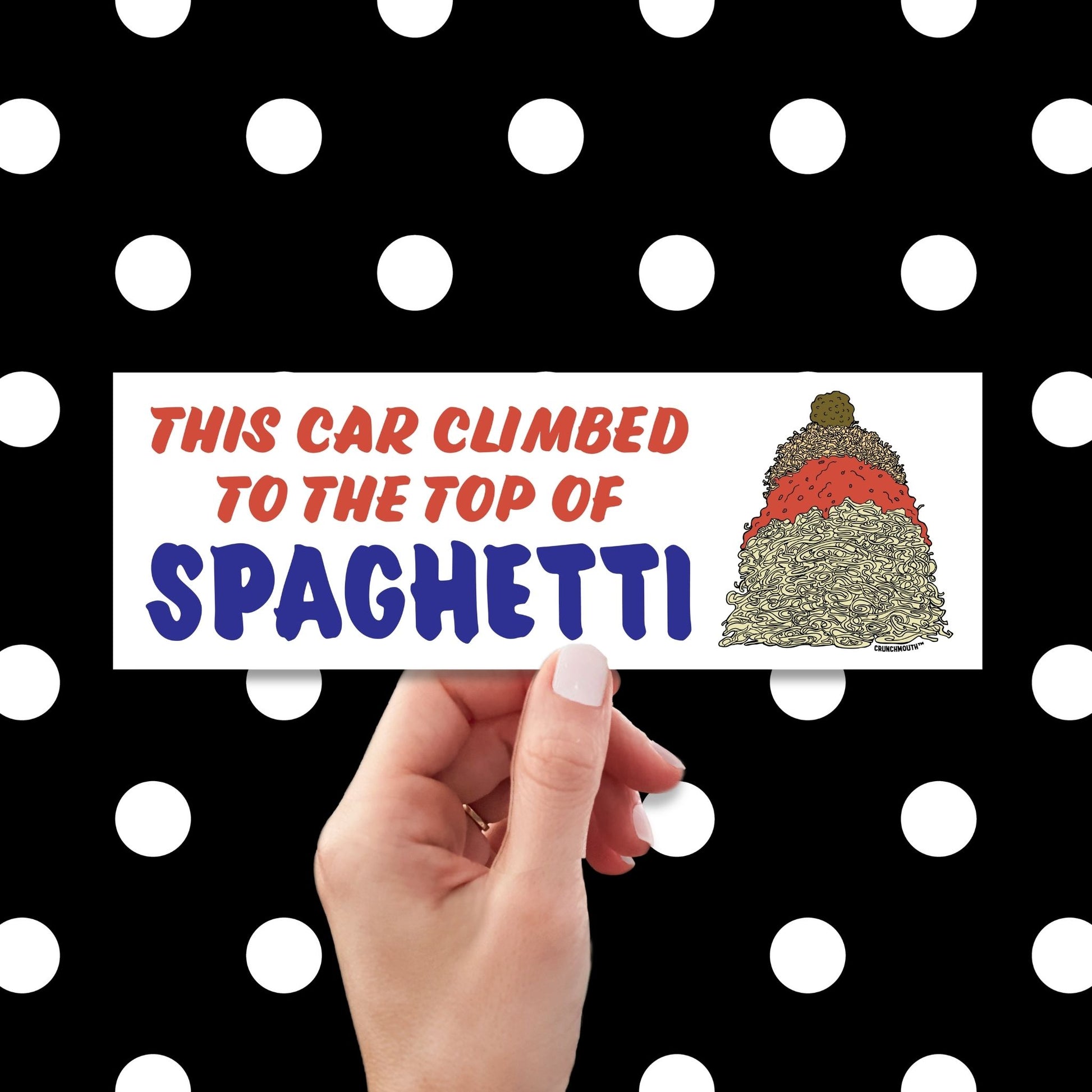 this car climbed to the top of spaghetti bumper sticker, hand display, polka dots pattern design background
