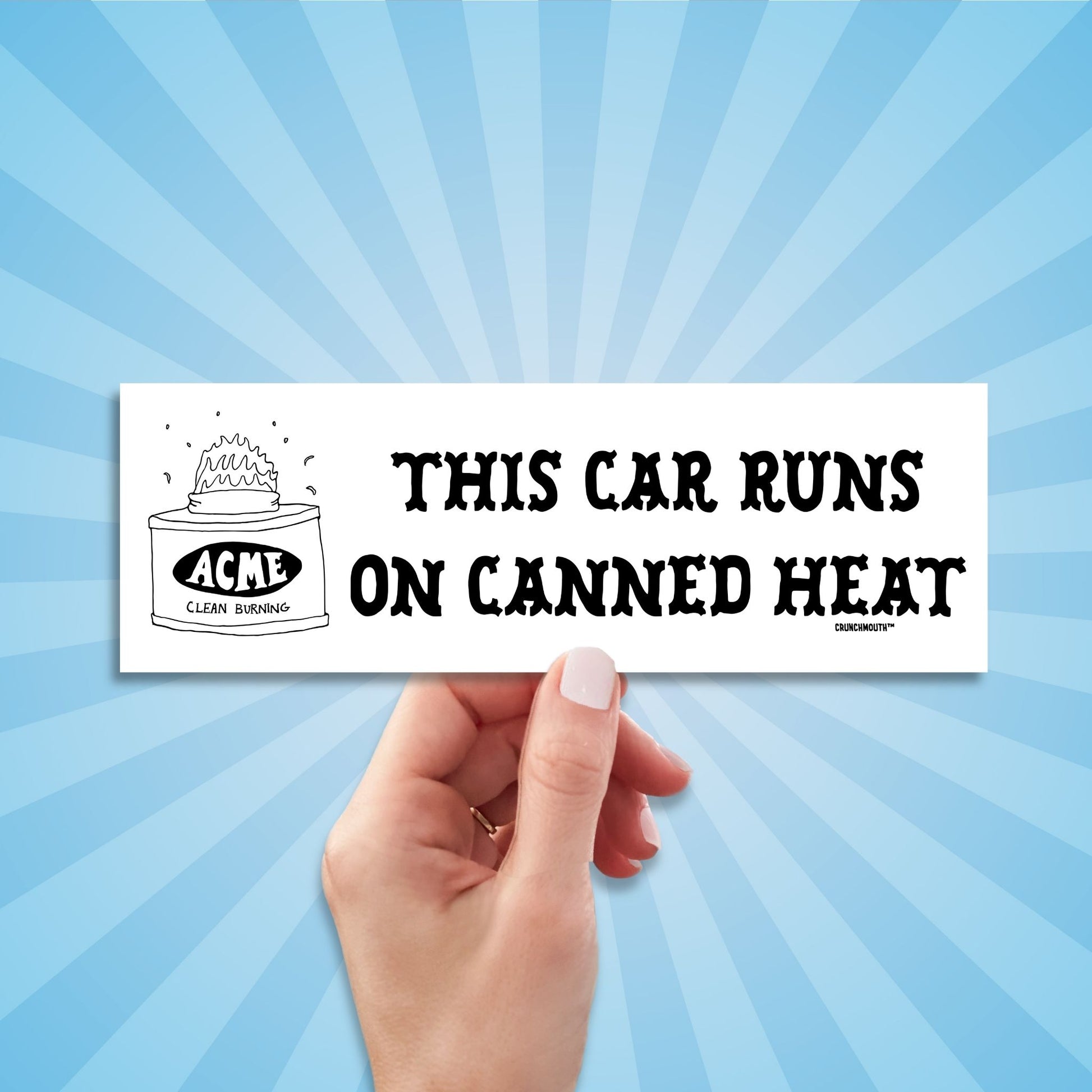 this car runs on canned heat bumper sticker, hand display, sun rays design background
