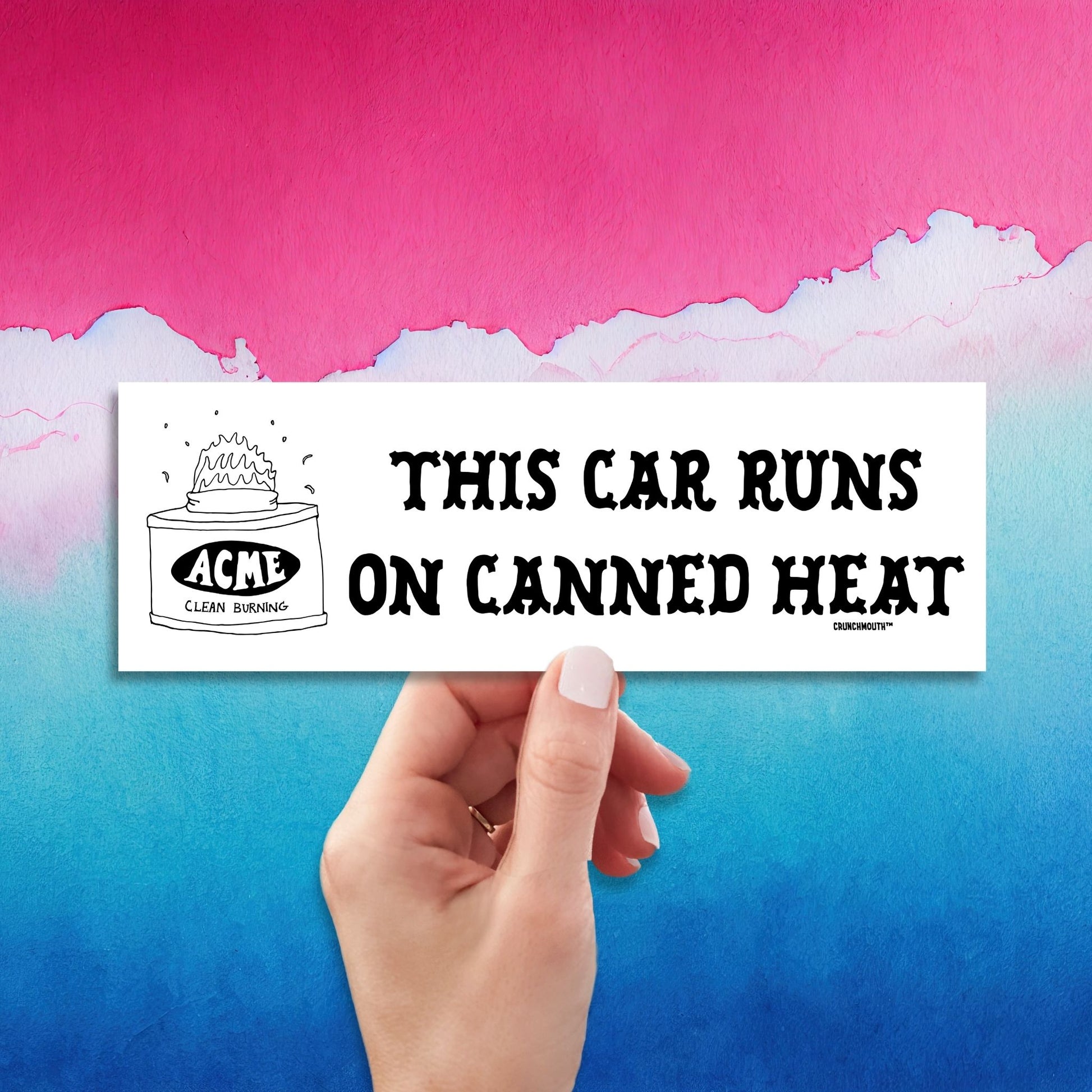 this car runs on canned heat bumper sticker, hand display, retro design background

