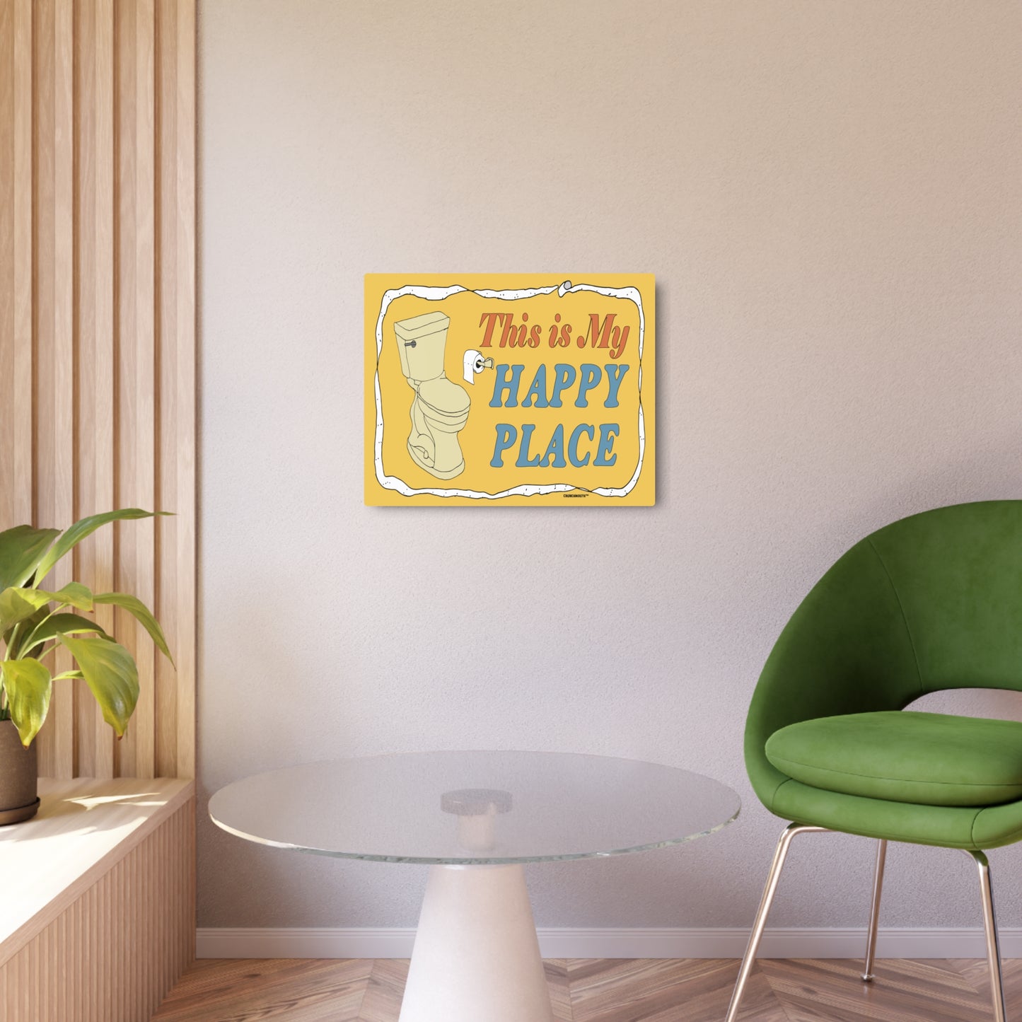 this is my happy place bathroom wall hanging, 20x14, aluminum metal wall art, light colored wall background